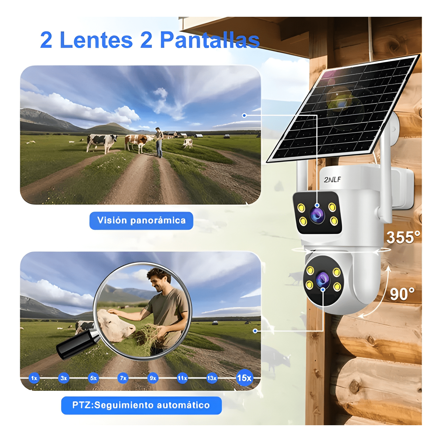 2nlf® 10MP Solar Cámara de Seguridad Wifi Exterior Doble 360-4