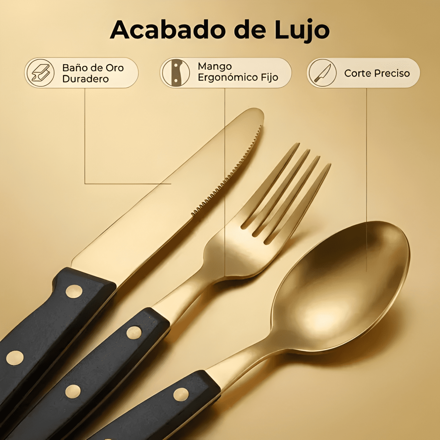 Set 24 piezas cubiertos cuchillería acero inoxidable Dorado-2