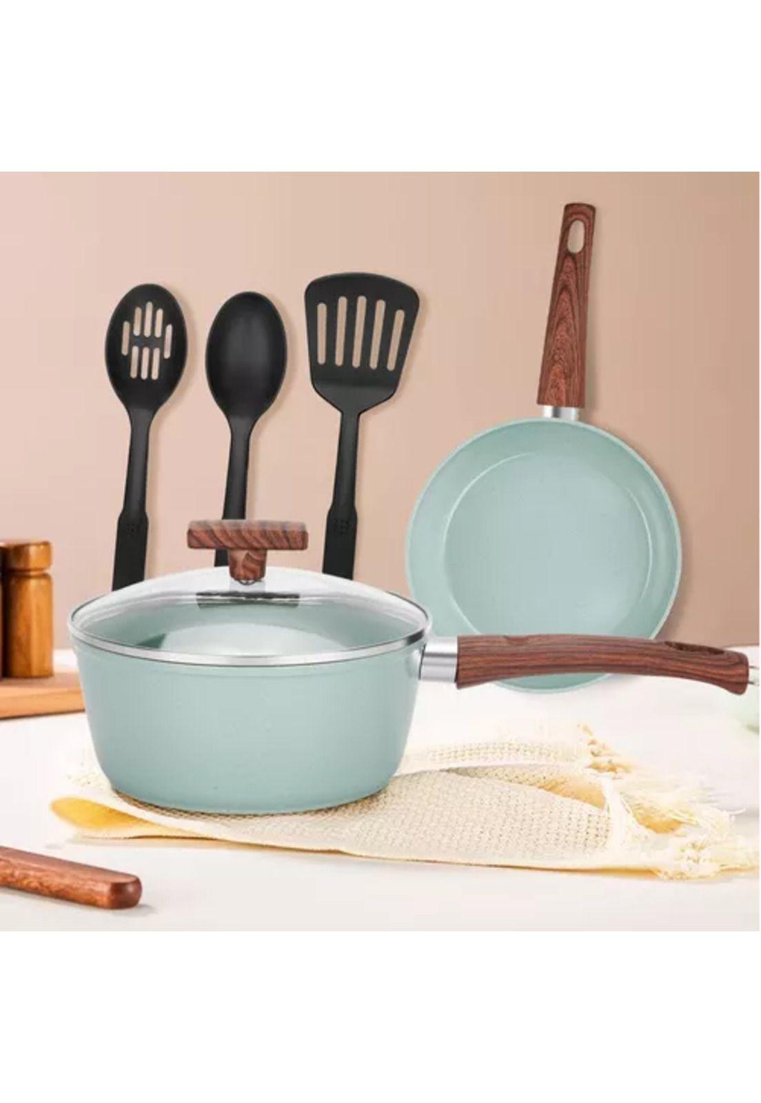 Batería de cocina de 10 piezas, antiadherente, acabado granito, menaje, color verde claro-5