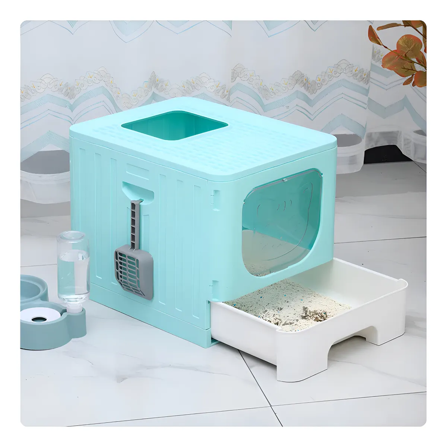 Arenero Para Gatos Caja De Arena Plegable Con Bandeja Grande Color Verde-0