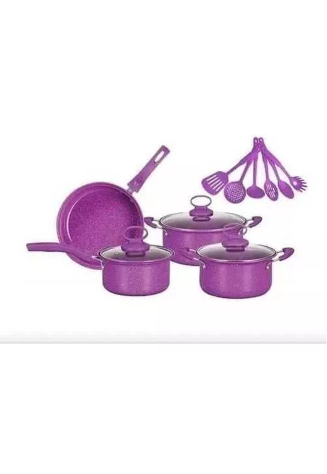 Juego de ollas para cocina, antiadherente, set de batería de 14 piezas, color morado-1