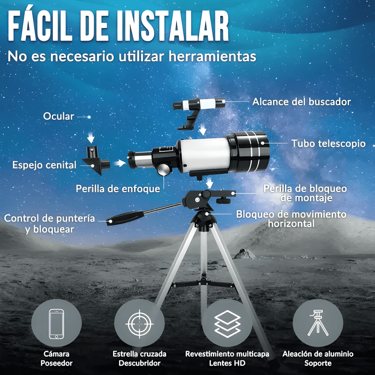 Telescopio Astronómico 70/300mm 150x con Soporte Celular-2