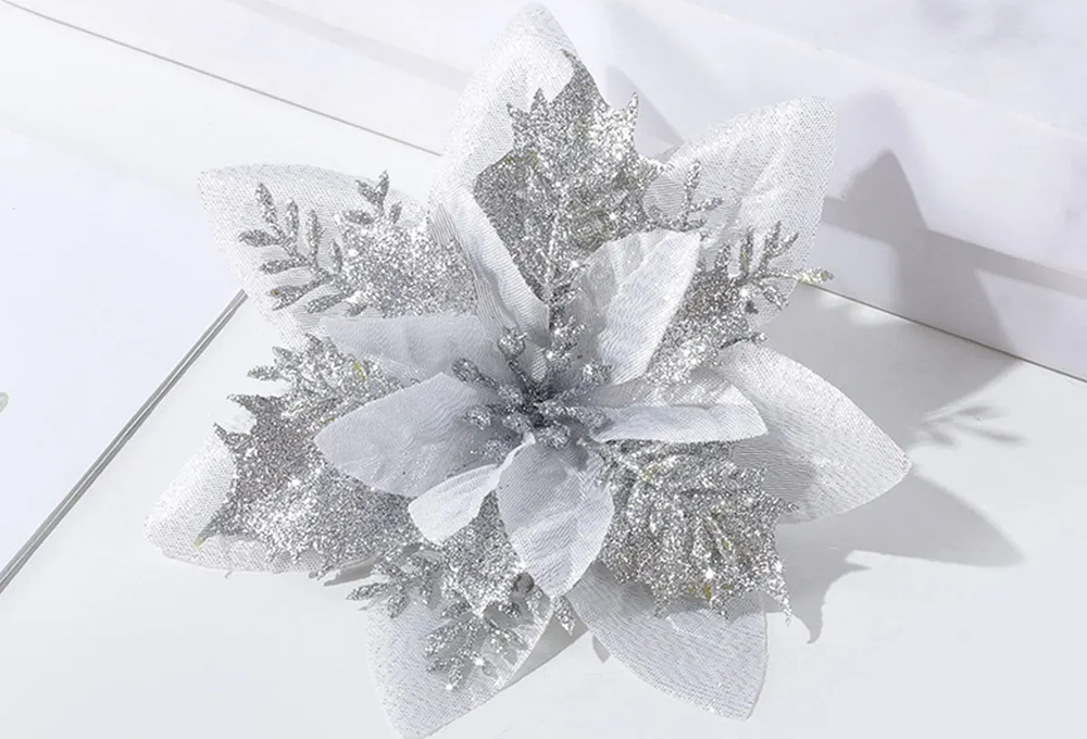 Pack 10 Adorno Navidad Flores Navideñas Árbol Con Clip 14cm-0