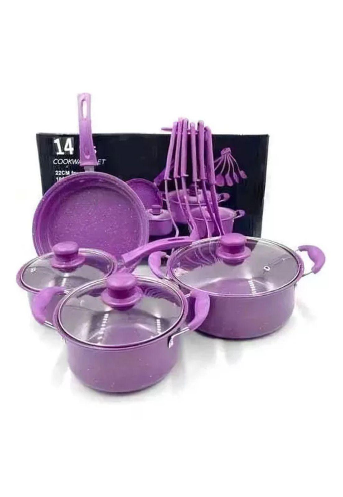 Juego de ollas de cocina antiadherente, set de batería de 14 piezas, color morado-0