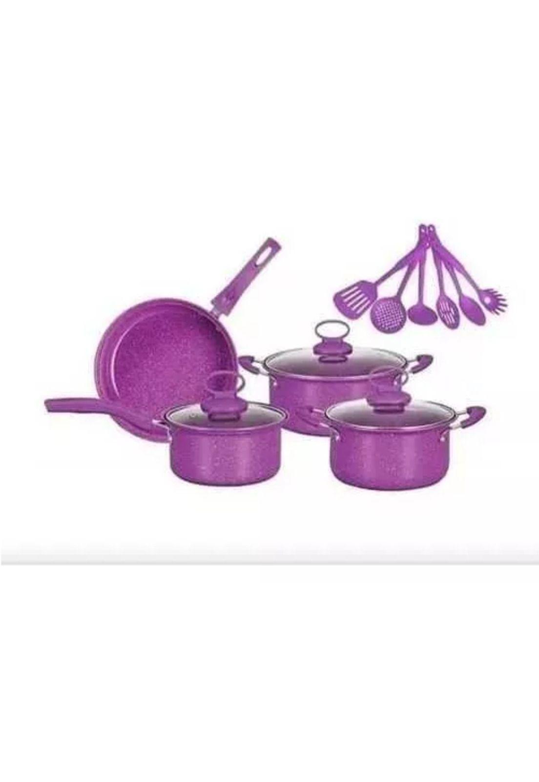 Juego de ollas de cocina antiadherente, set de batería de 14 piezas, color morado-1
