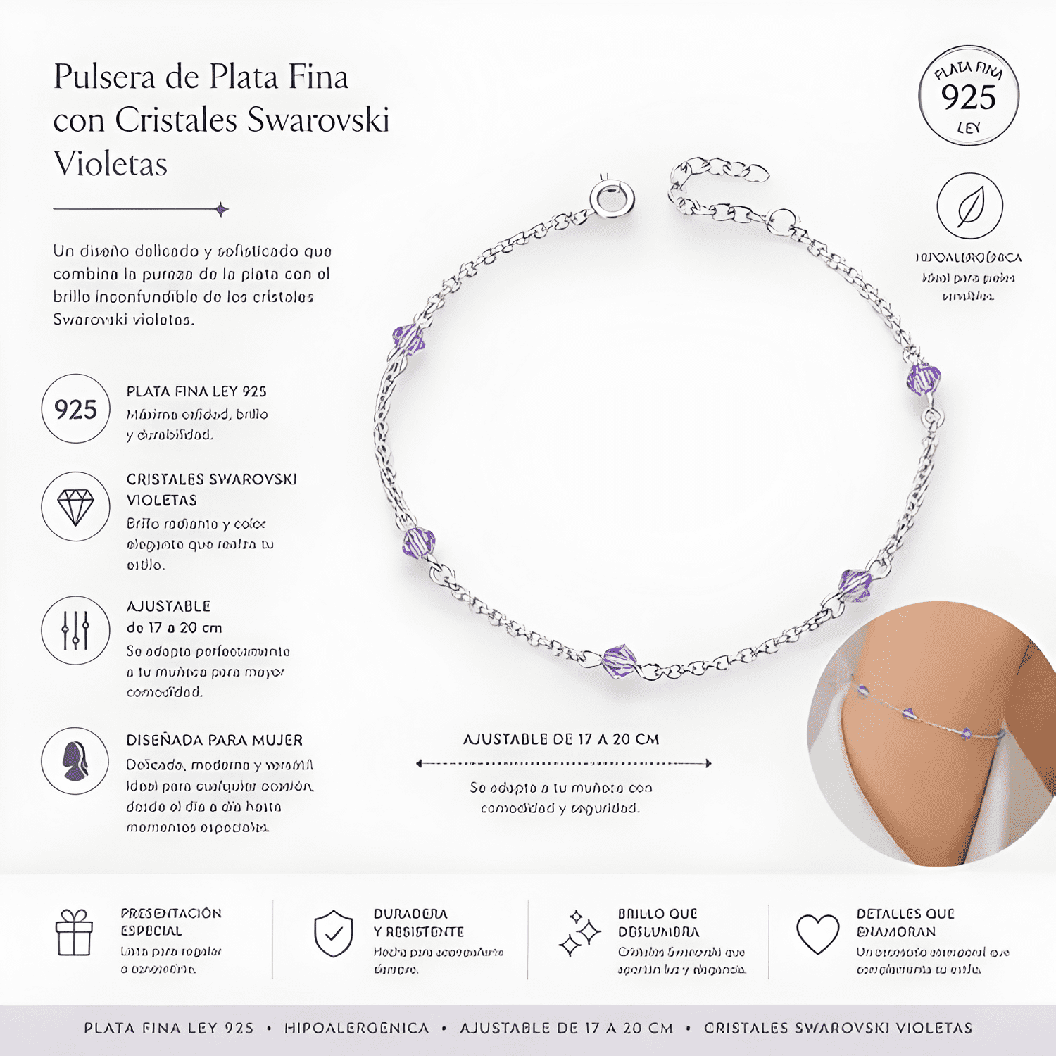 Pulsera plata 925 mujer con cristales swarovski violet mujer-2