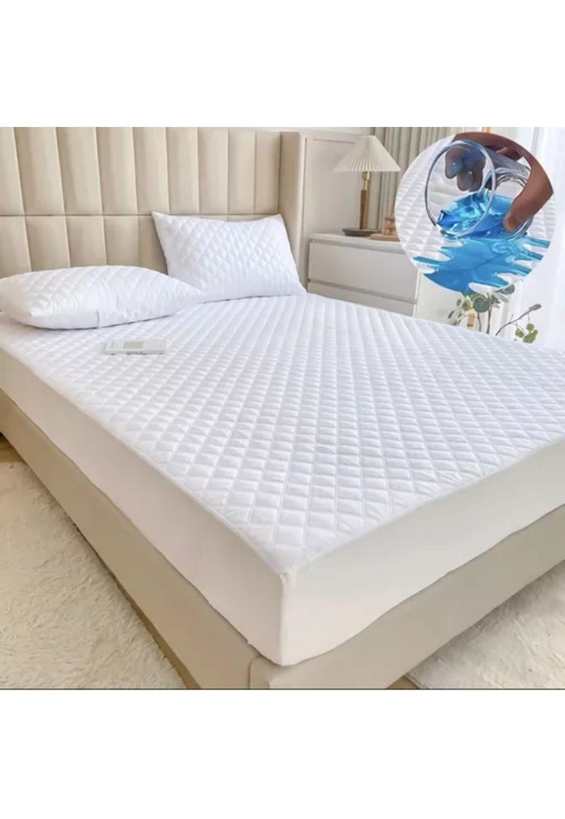 Cubre colchón 2 plazas acolchado + 2 fundas para almohada, color blanco-3