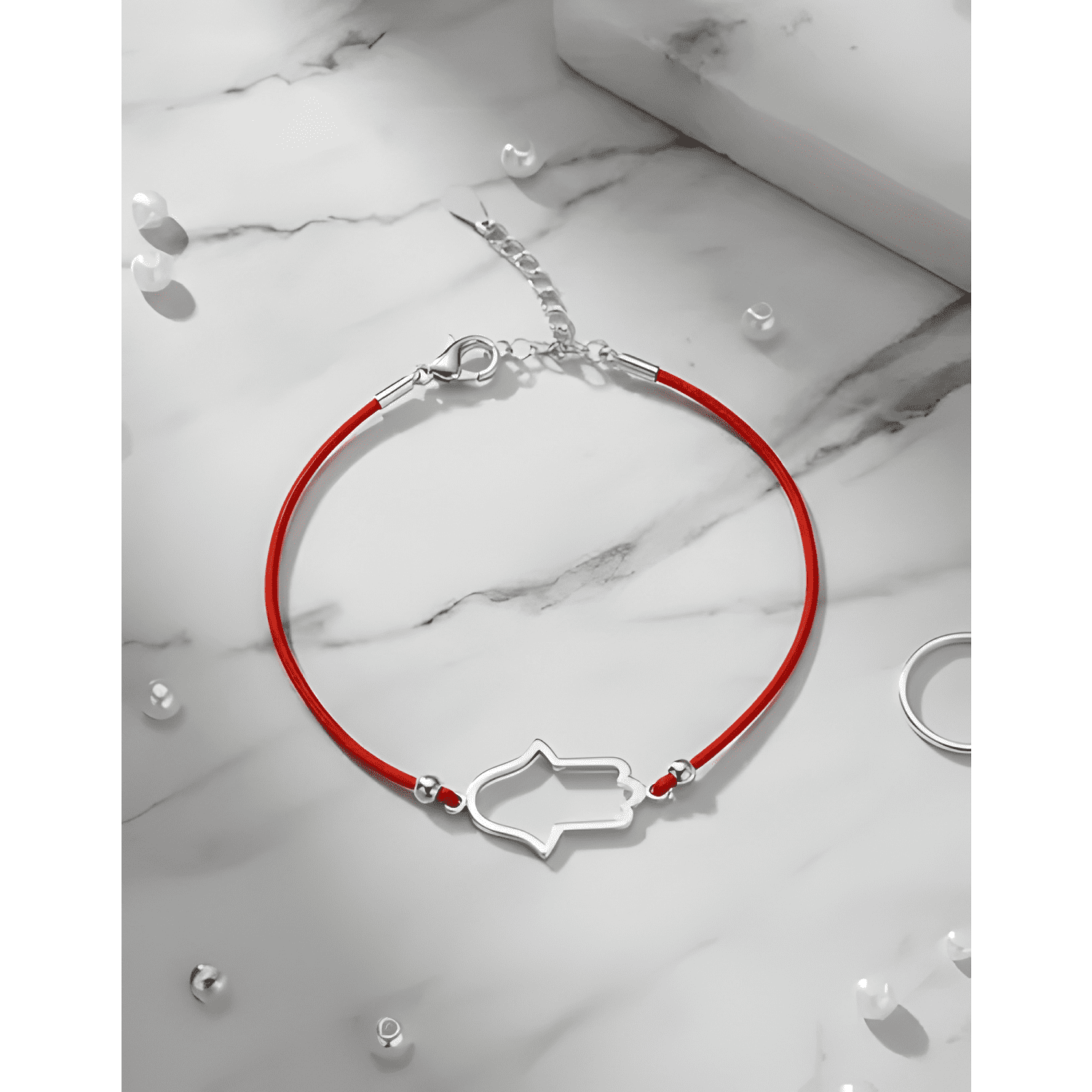 Pulsera mano de fatima plata 925 hilo protección mujer Rojo-2