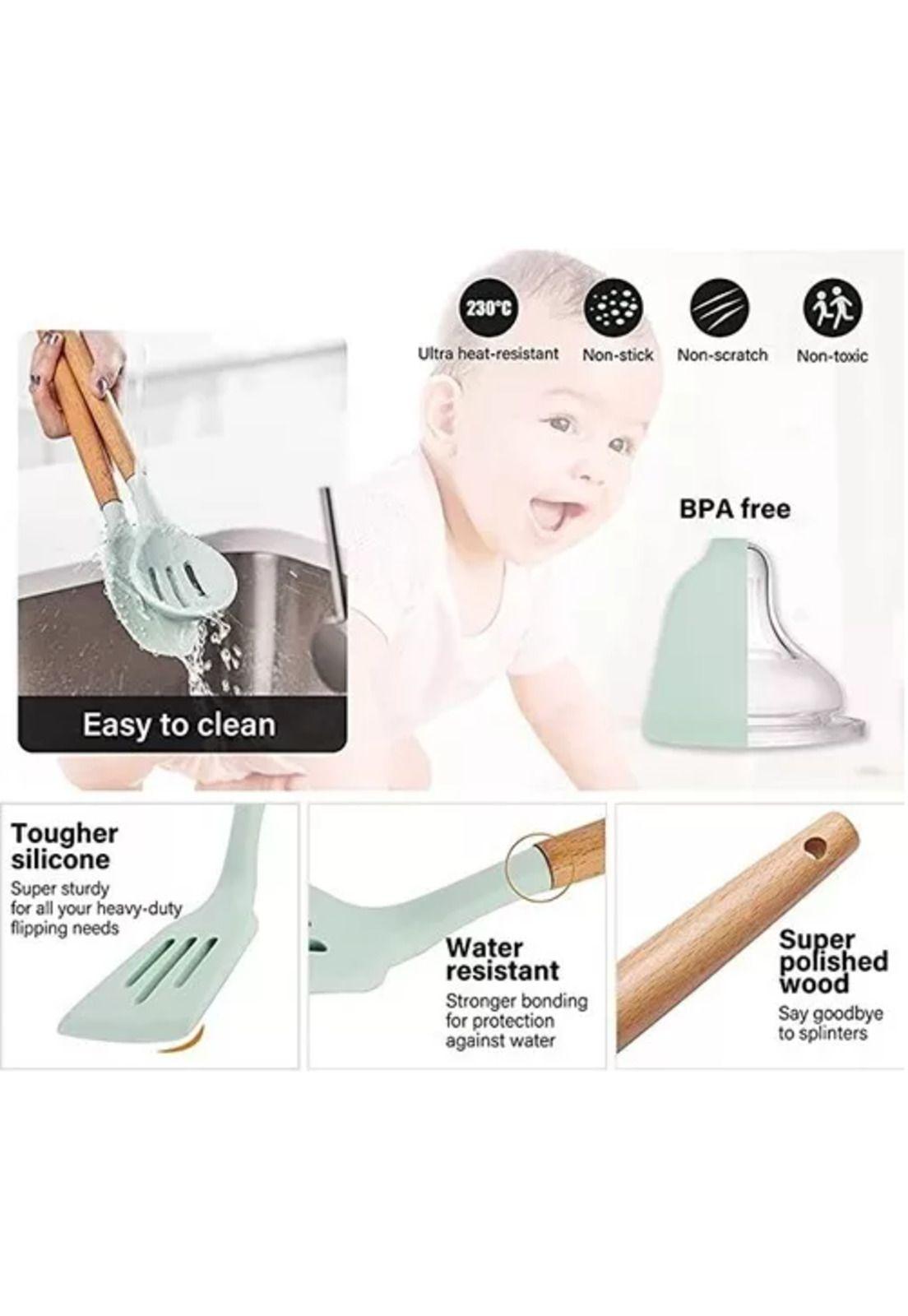 Set de 12 utensilios de cocina con mango de silicona y madera, ideal para repostería-2