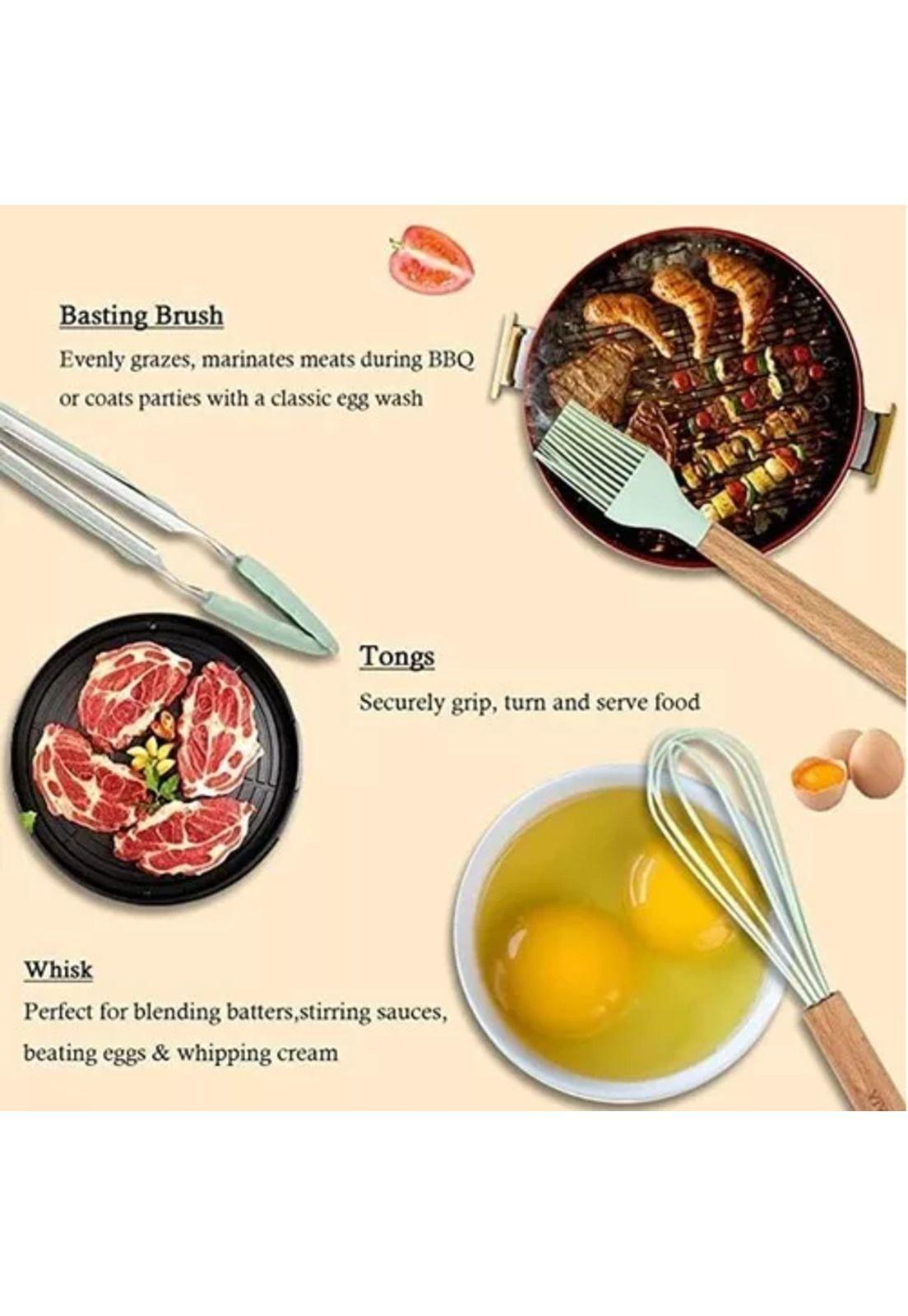 Set de 12 utensilios de cocina con mango de silicona y madera, ideal para repostería-4