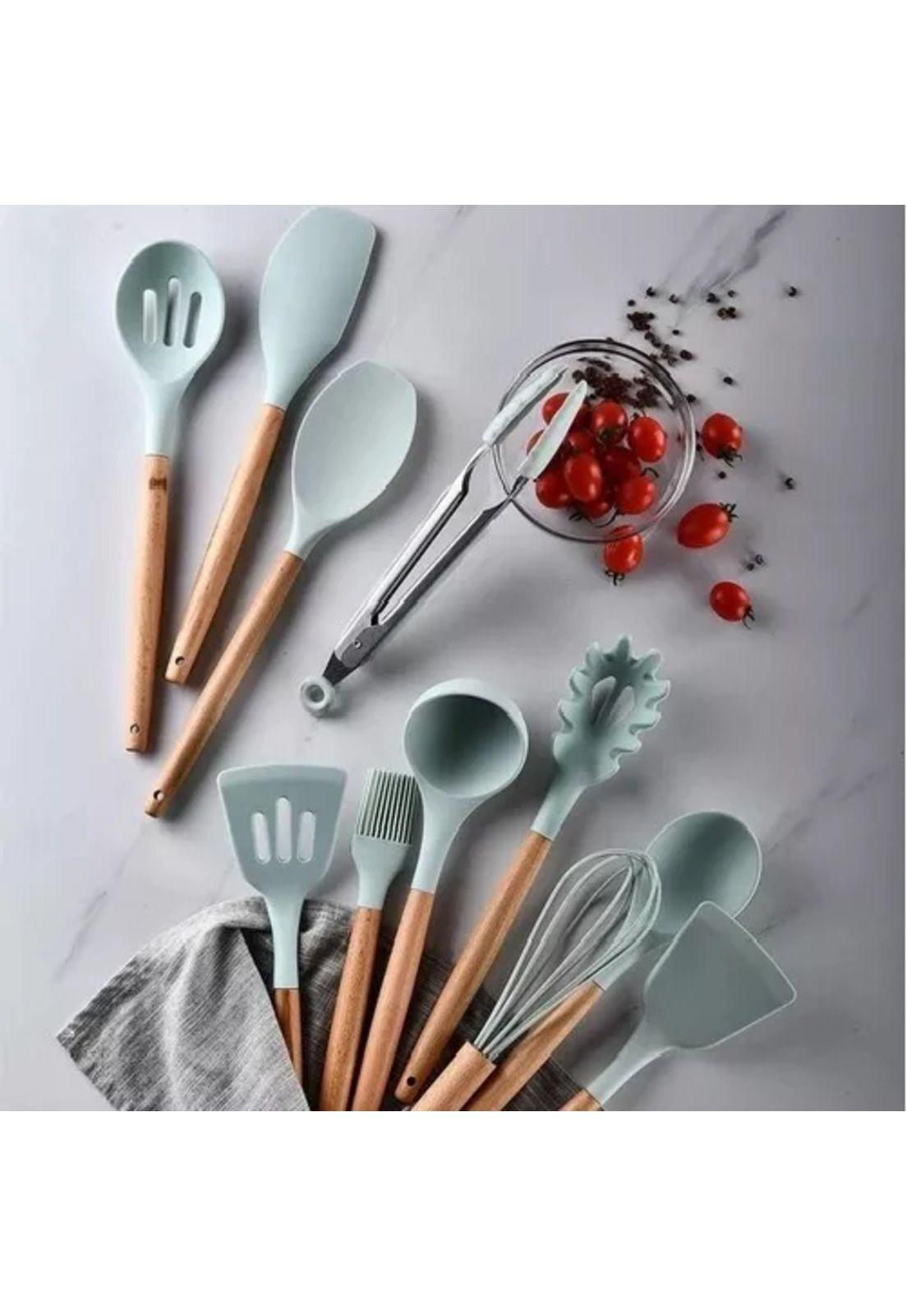 Set de 12 utensilios de cocina con mango de silicona y madera, ideal para repostería-5