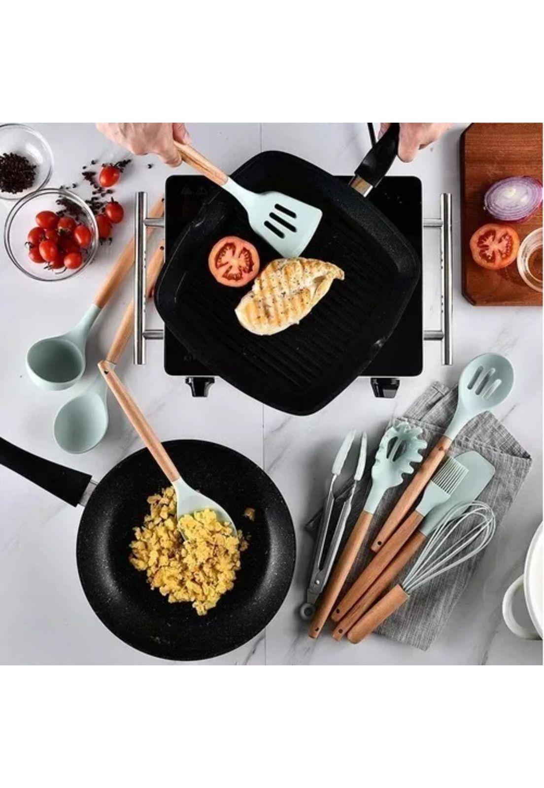 Set de 12 utensilios de cocina con mango de silicona y madera, ideal para repostería-6