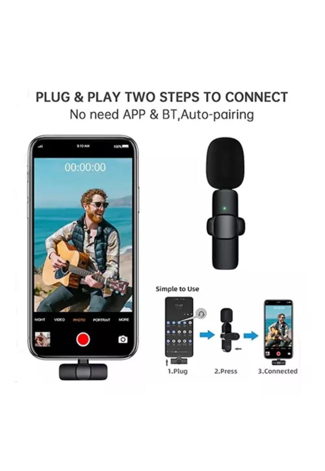 2 micrófonos Lavalier solapa inalámbricos, compatibles con iPhone y celulares K9, negro-2