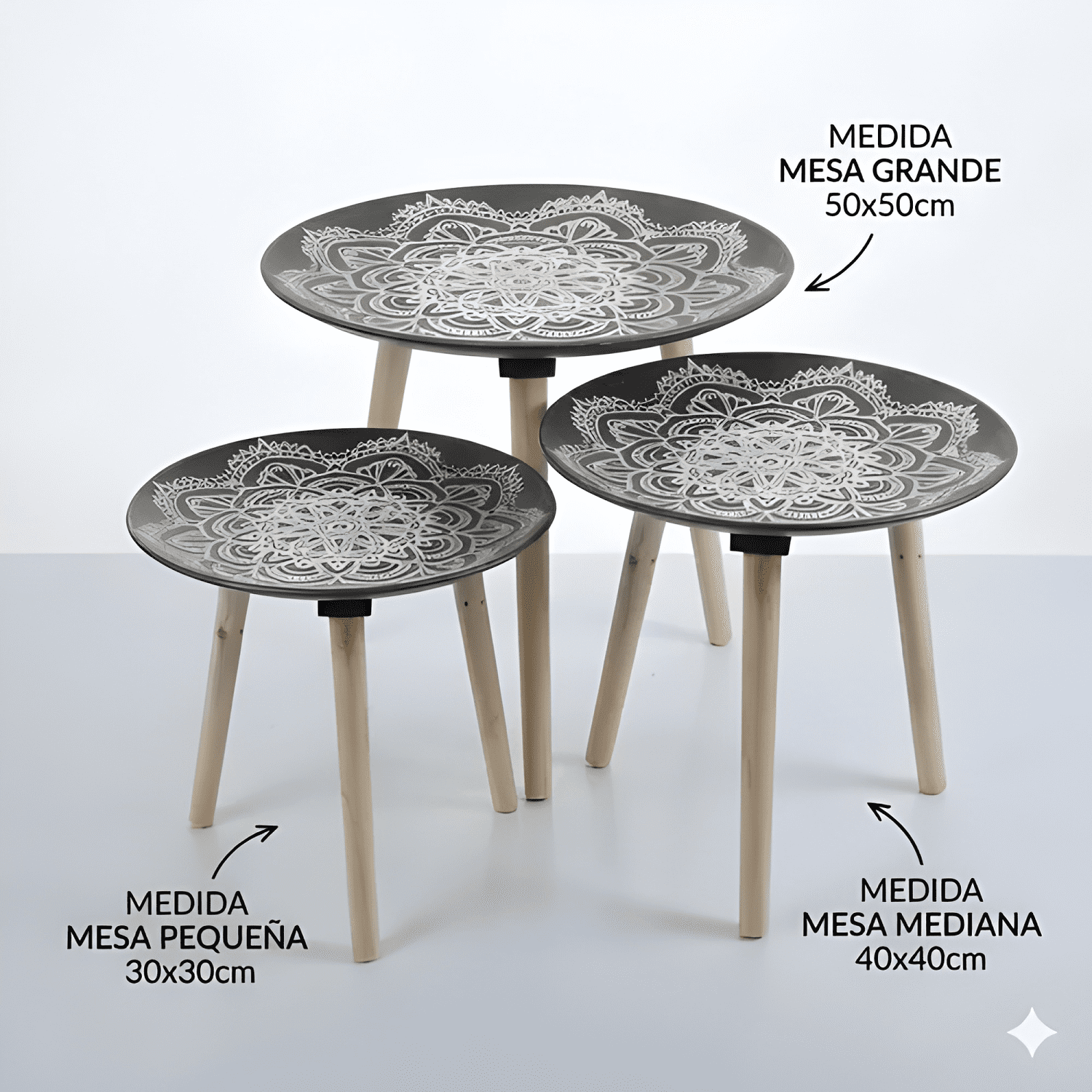 Set 3 Mesas Laterales Centro Diseño Tallado Negro Negro-2