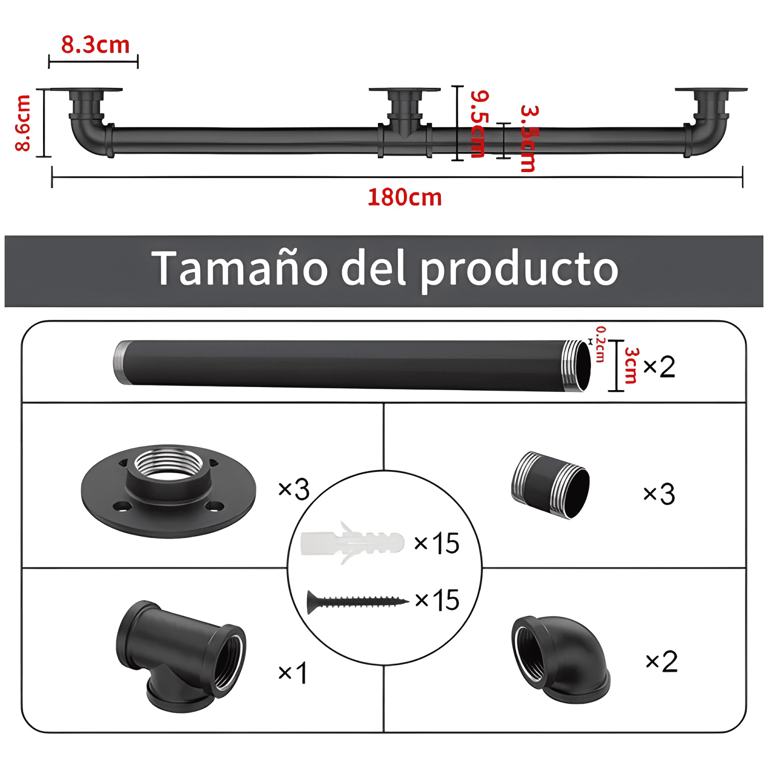 Pasamanos de tubo escaleras 1,8 m con tornillo, negro #2-2