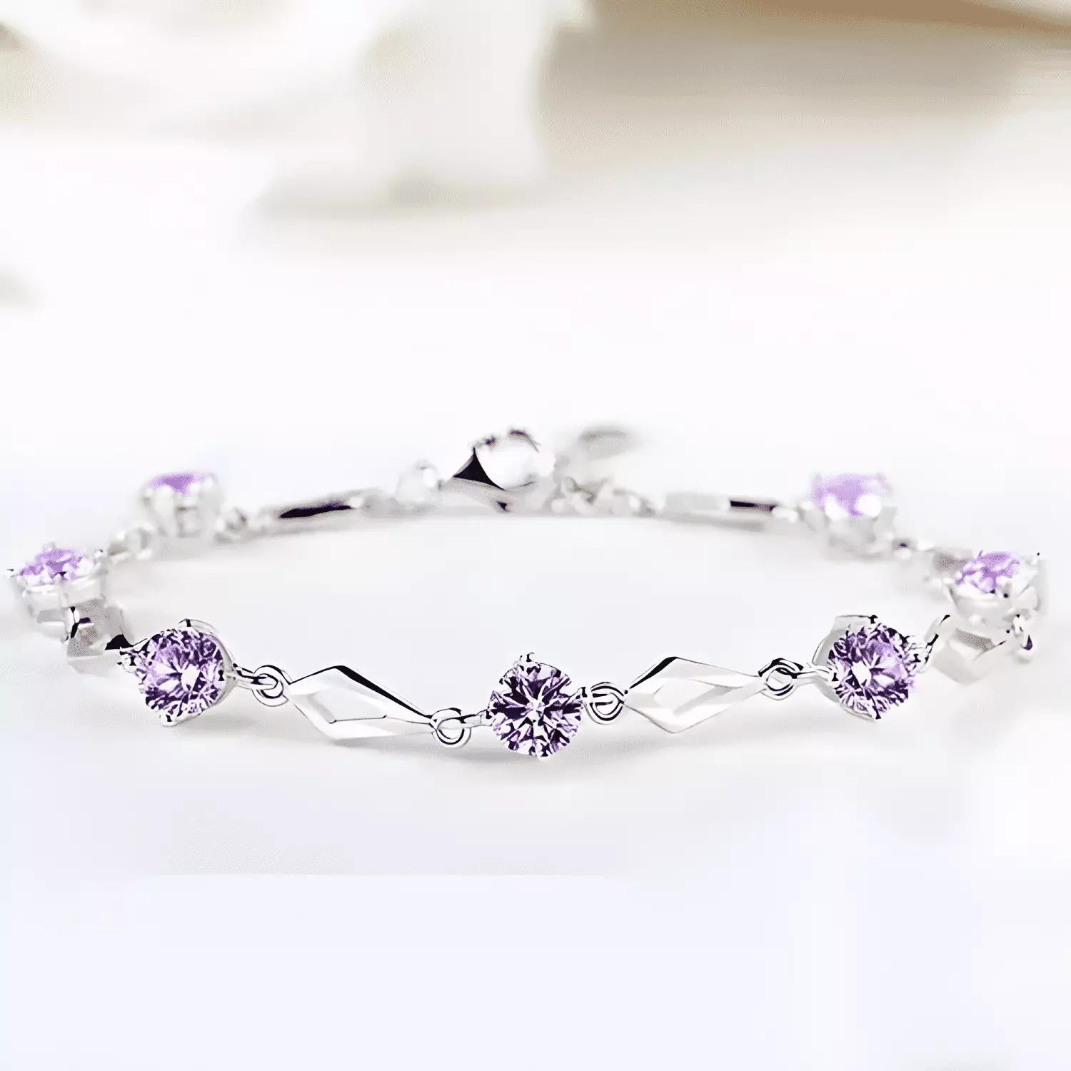 Pulsera de plata fina 925 amatista +caja redonda Lila #10-3