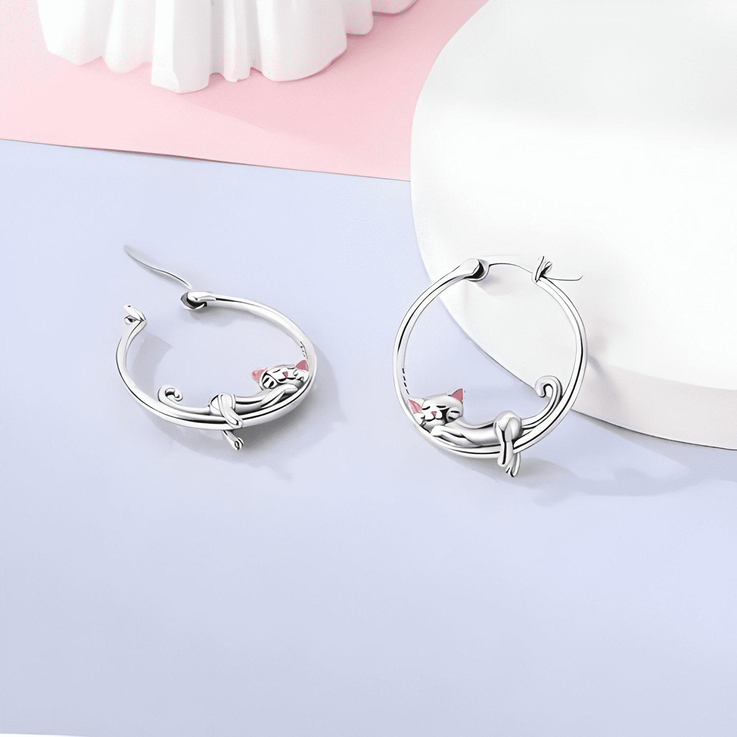 Aros Argolla Moda Plata 925 Pendientes Mujer Gatito Kawaii-2