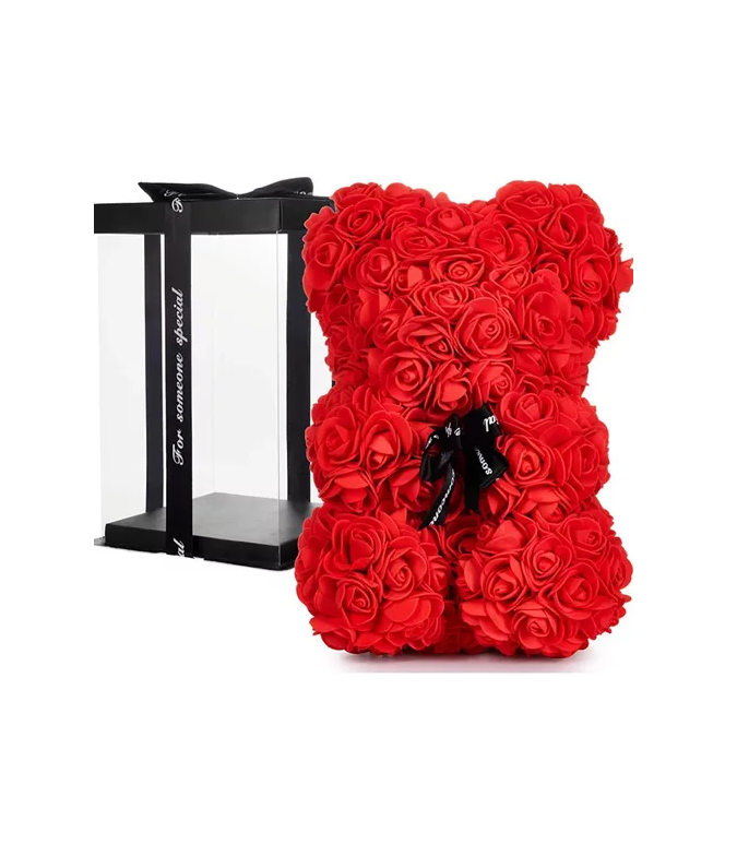 Oso de Flores Artificiales Osito de Rosas Rojo-3