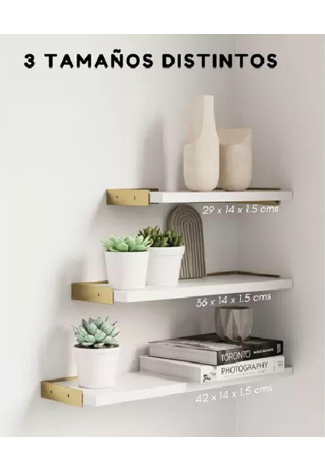 Repisas Flotantes de Madera Multipropósito Kit 3 Blanco con Dorado-2