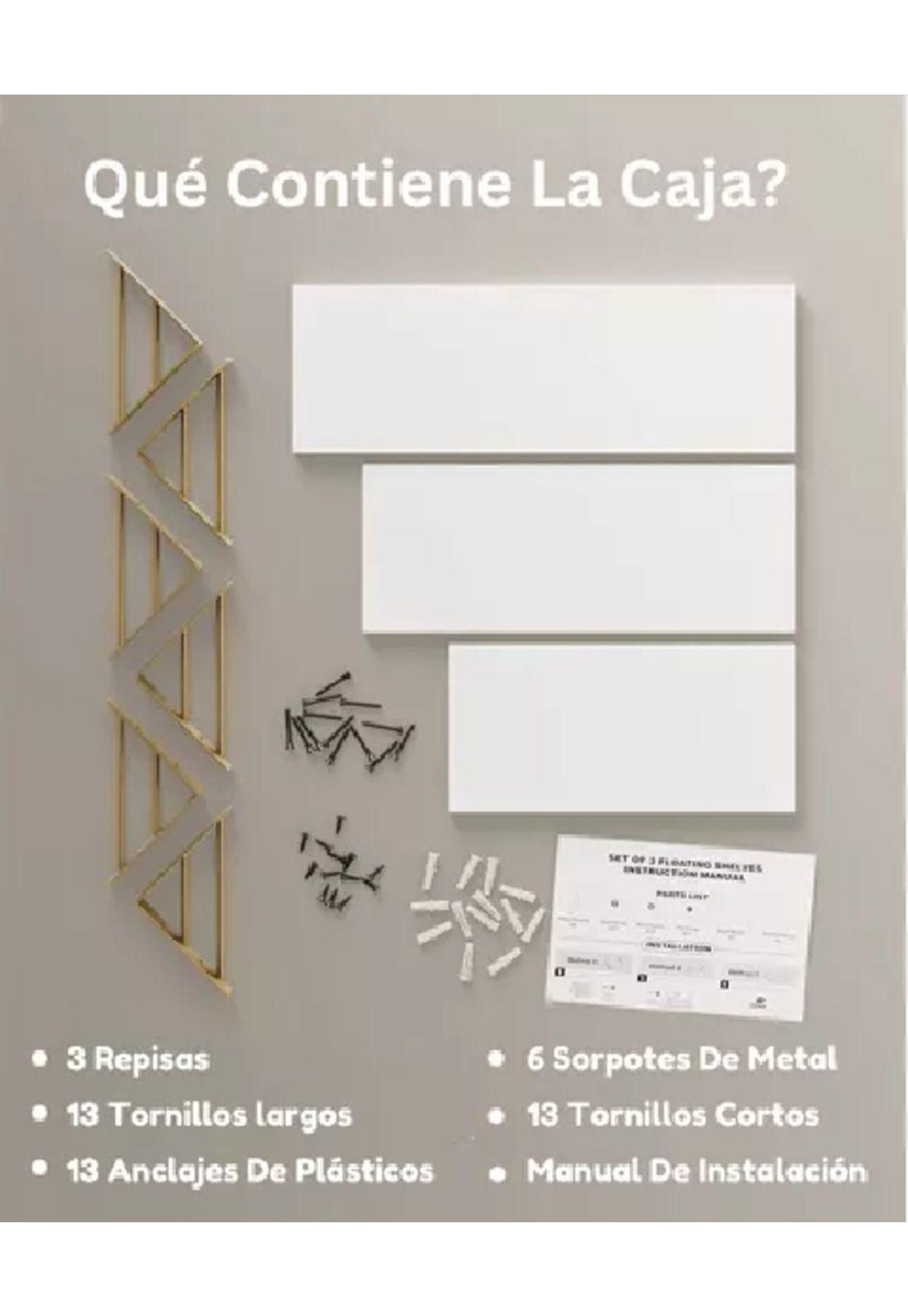 Repisas Flotantes de Madera Multipropósito Kit 3 Blanco con Dorado-3
