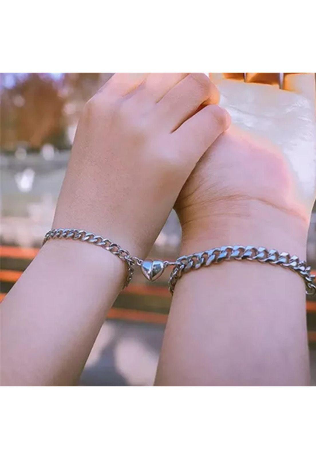 Pulseras para parejas con imán, corazón, regalo de amor plata-4