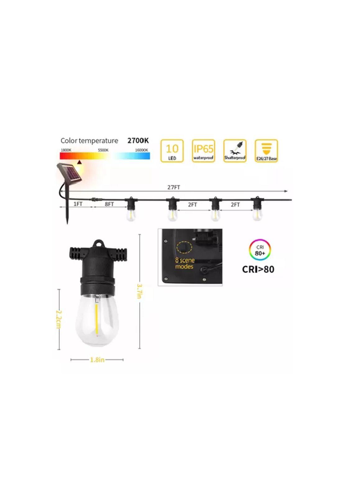 Luz guirnalda solar led 10 mts 10 ampolletas luz cálida 2700k negro-2