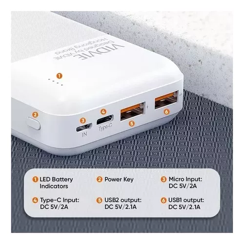 Cargador portátil power bank 20000 mAh Vidvie color blanco-5