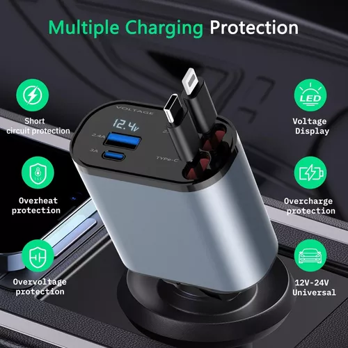 Cargador 4 en 1 auto ultra rápido 20 dual USB-C PD 60W-3