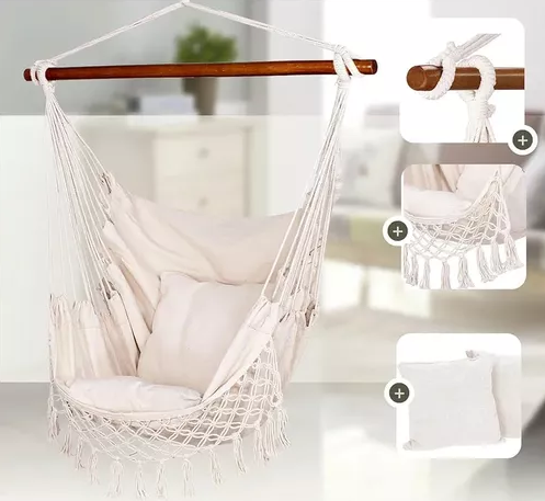 Silla hamaca colgante con soporte de madera y cojines blancos-4