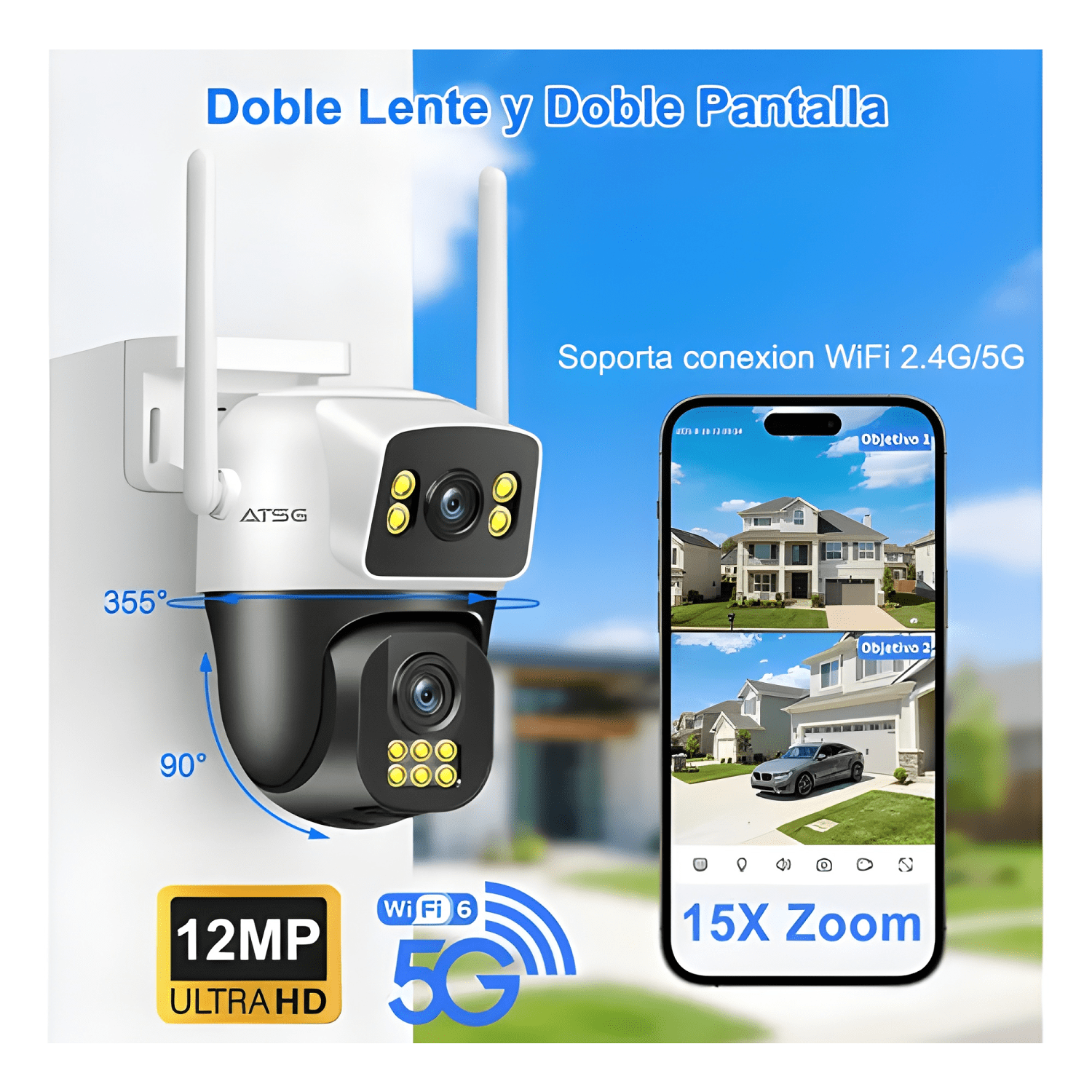 Atsg® 5g/2.4g 2 Lente 2 Pantalla Cámara de Seguridad 12mp-2