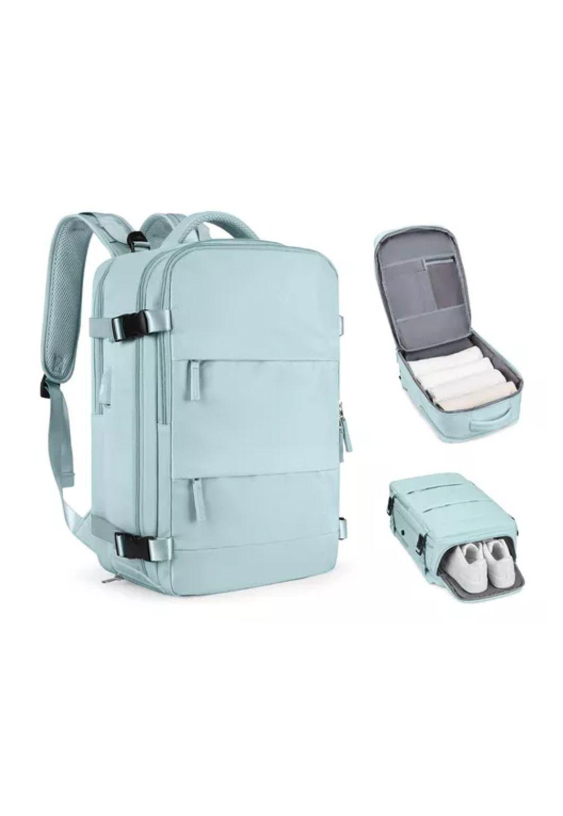 Mochila de viaje de cabina para avión, impermeable con USB, color celeste-1