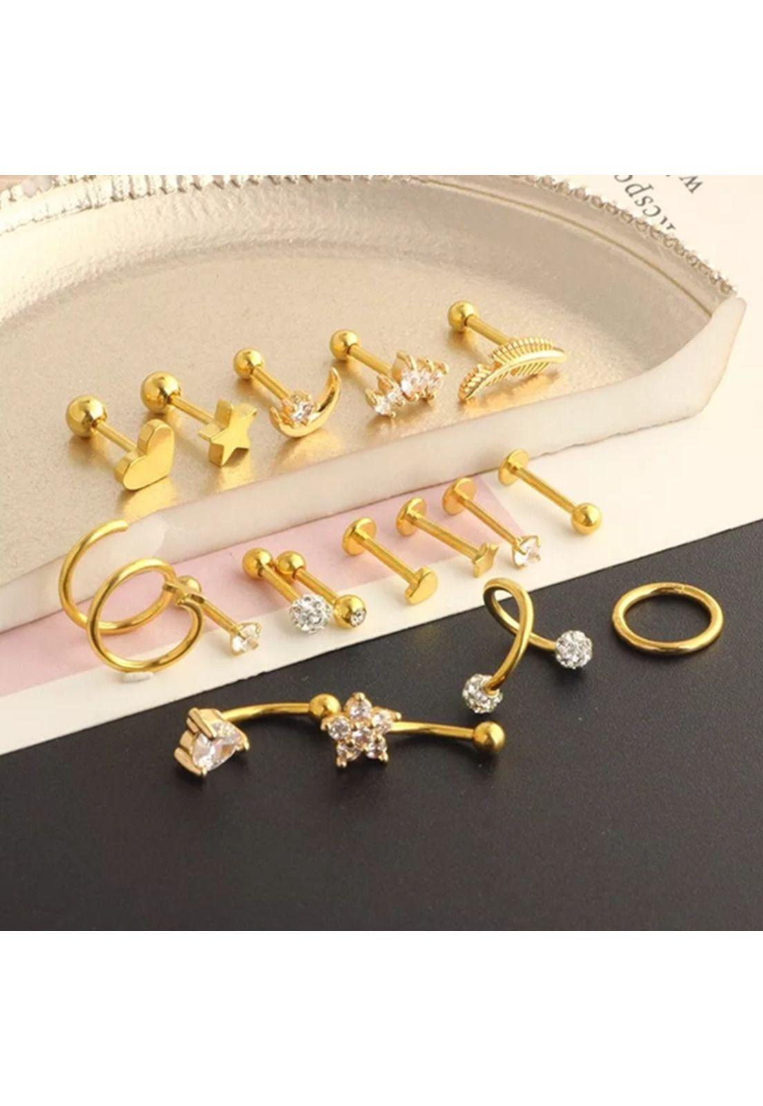 17pcs piercing aretes oreja cartílago amor acero inoxidable, dorado-5