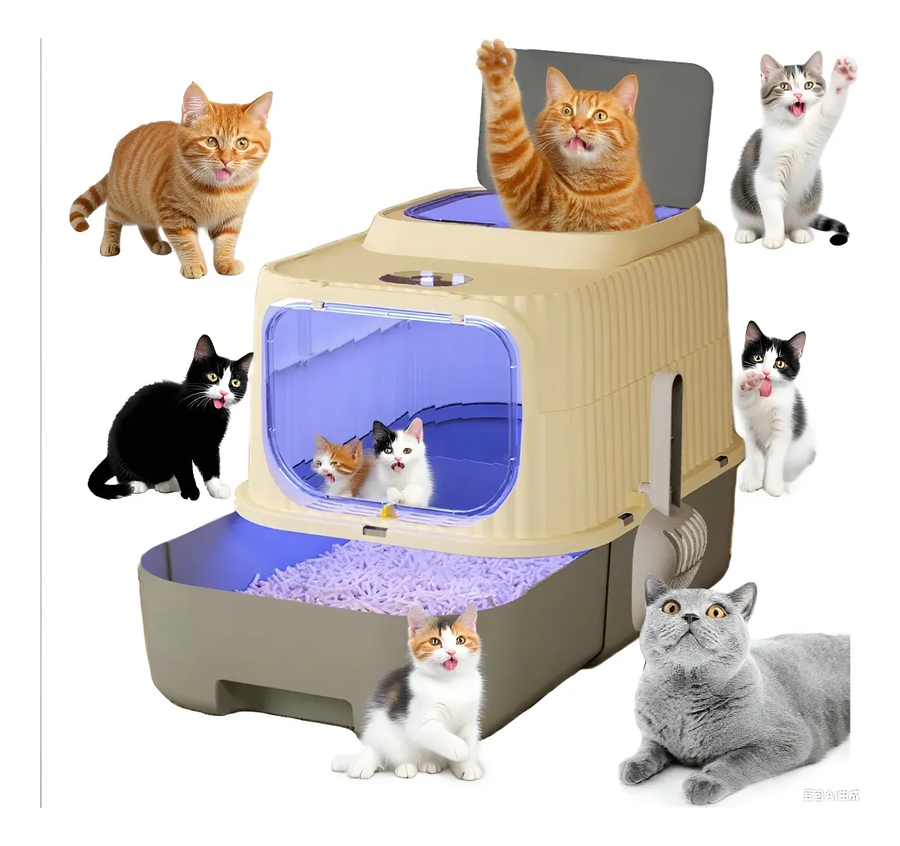 Arenero Para Gatos Grande Cerrado Con Tapa Y Pala Luz Uv Gris-0