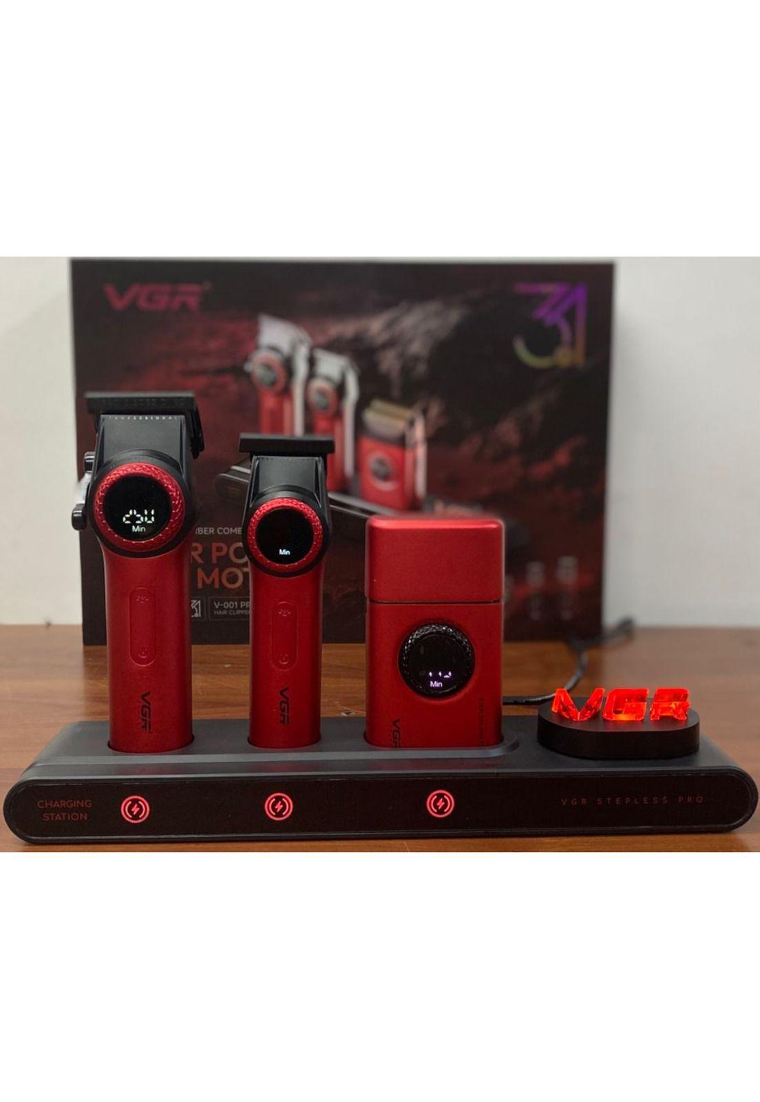 Barber Combo VGR Cortapelo, Patillera Y Afeitadora Rojo Stepless 3-2