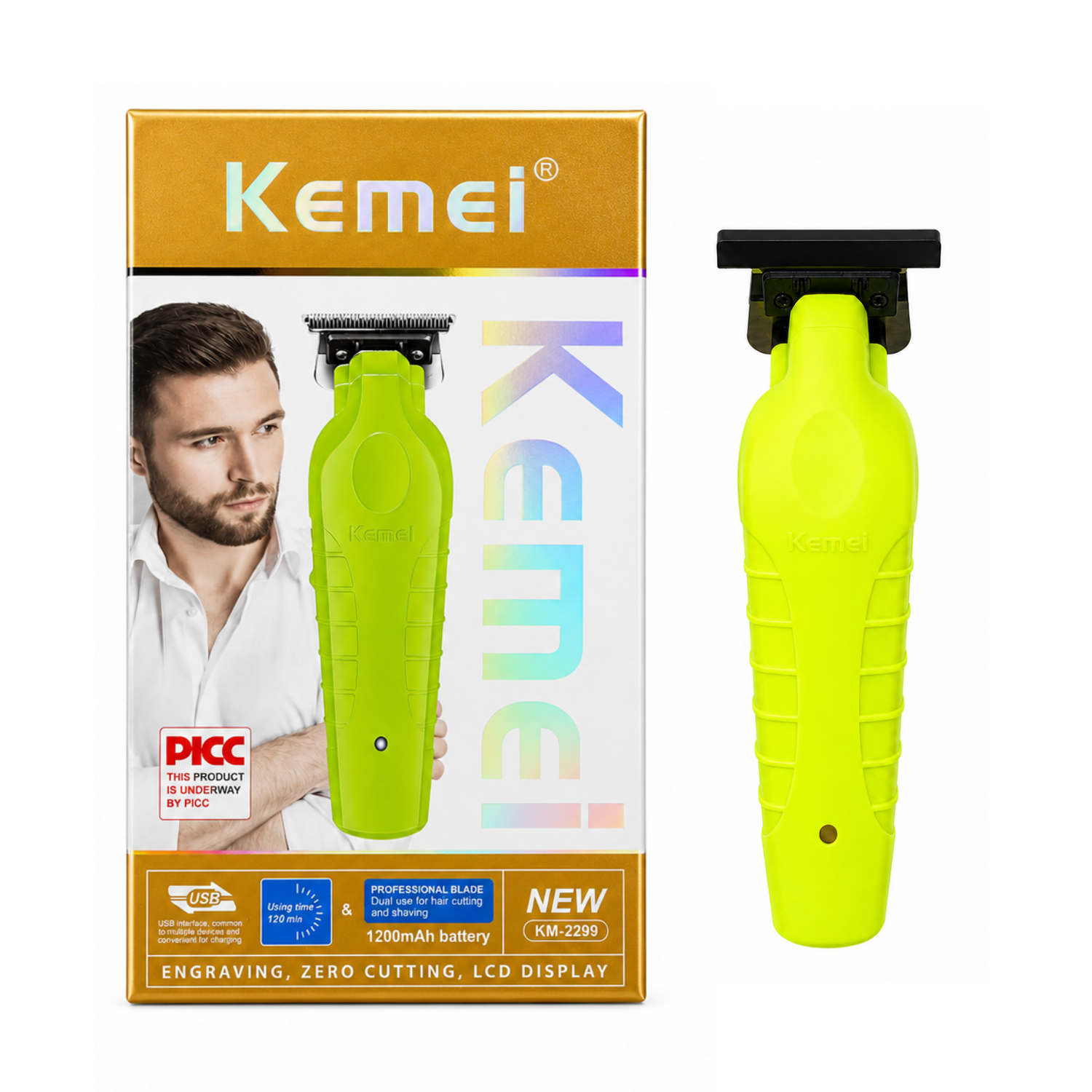 Kemei Trimmer KM-2299 Verde Neón Recargable USB-0