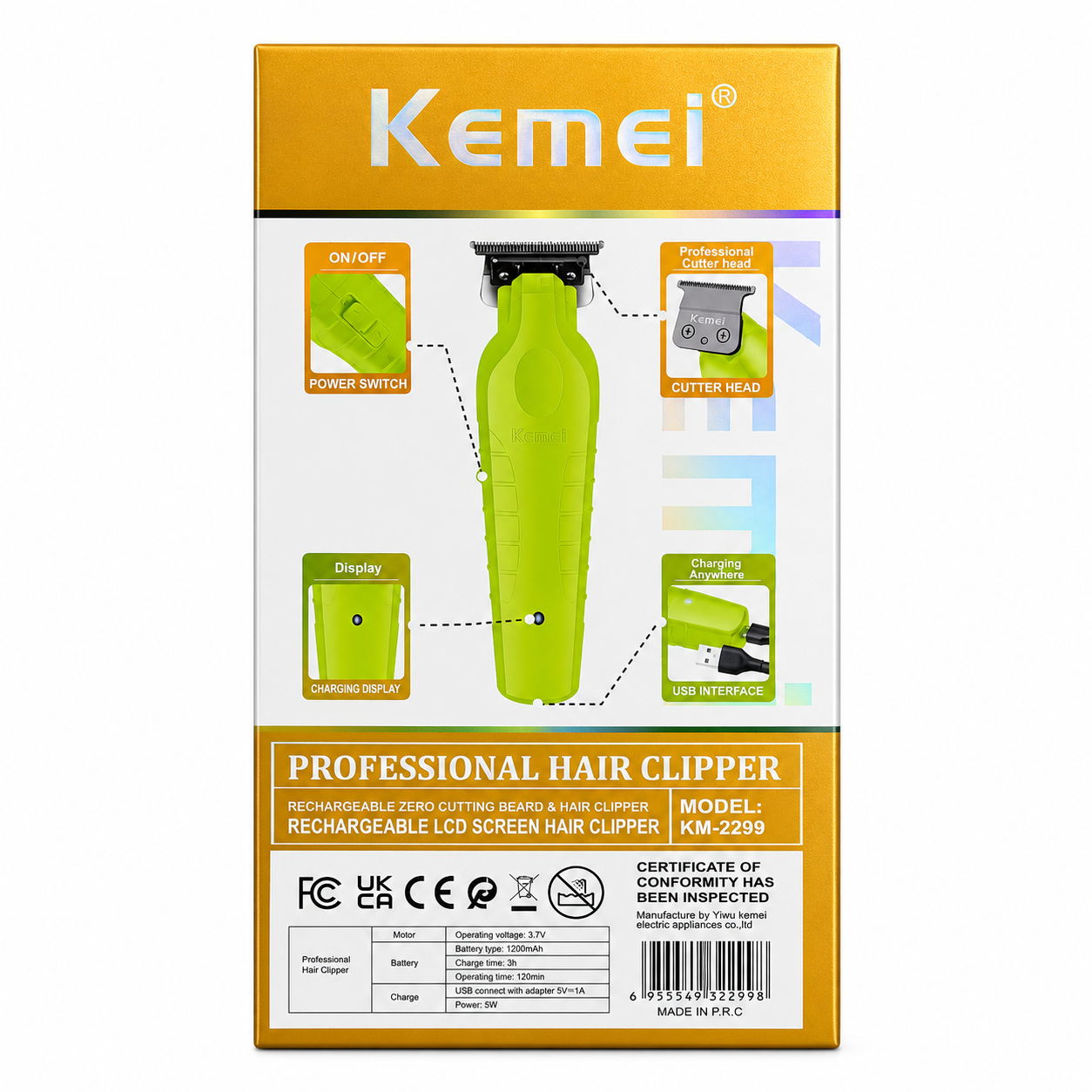 Kemei Trimmer KM-2299 Verde Neón Recargable USB-1