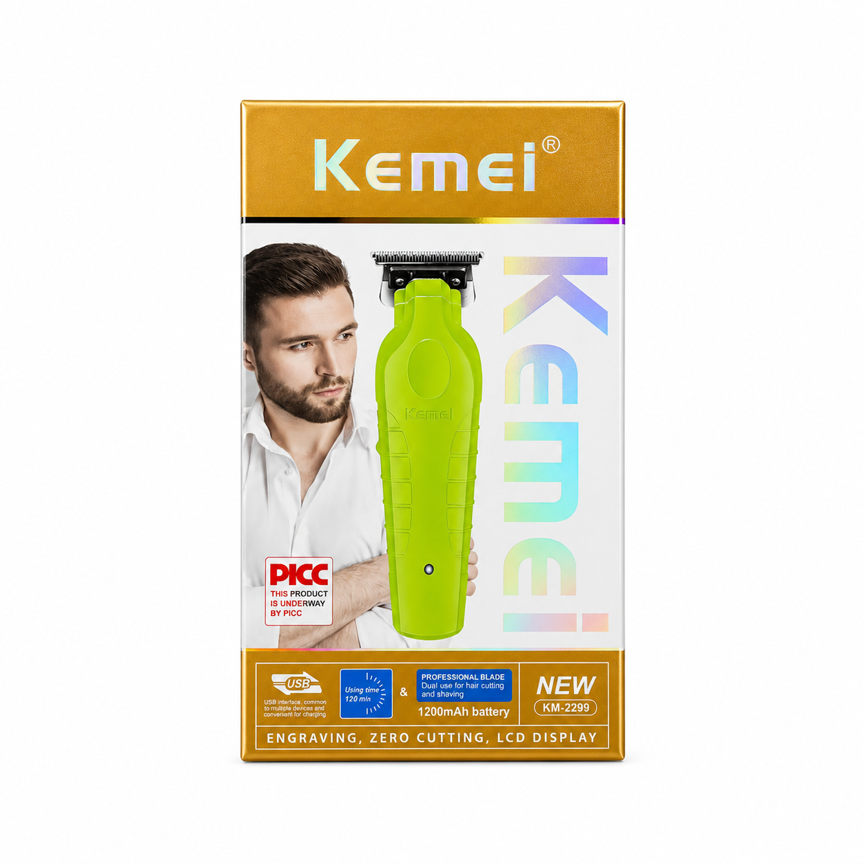 Kemei Trimmer KM-2299 Verde Neón Recargable USB-3