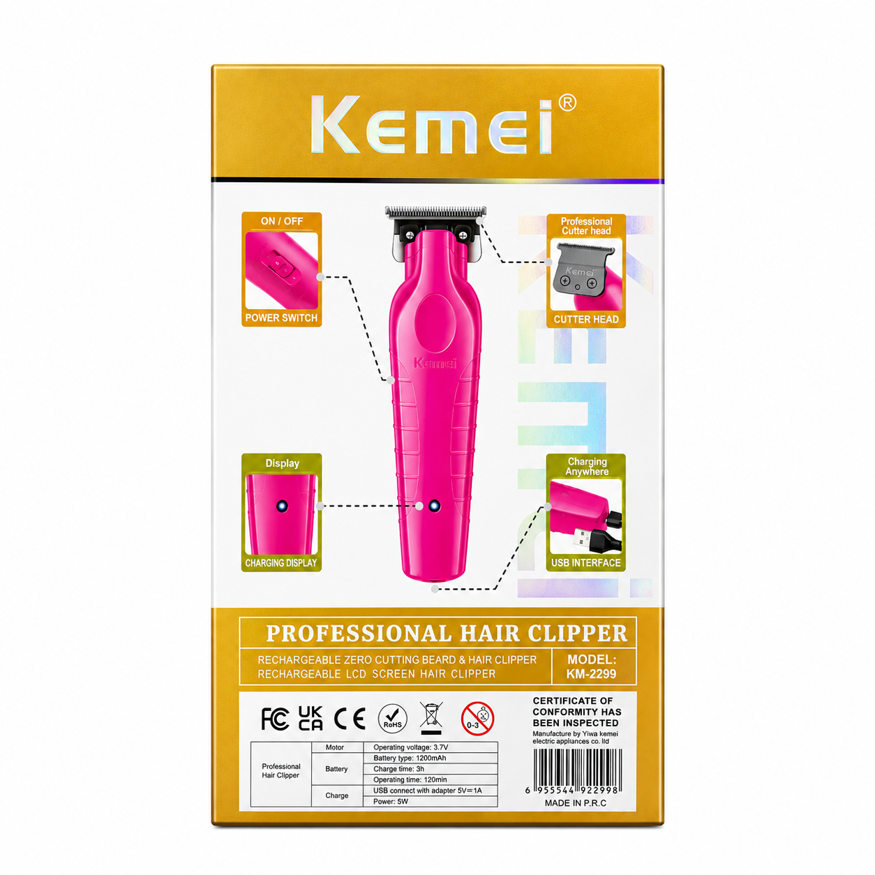 Kemei KM 2299 Trimmer Profesional Rosado Recargable USB-1
