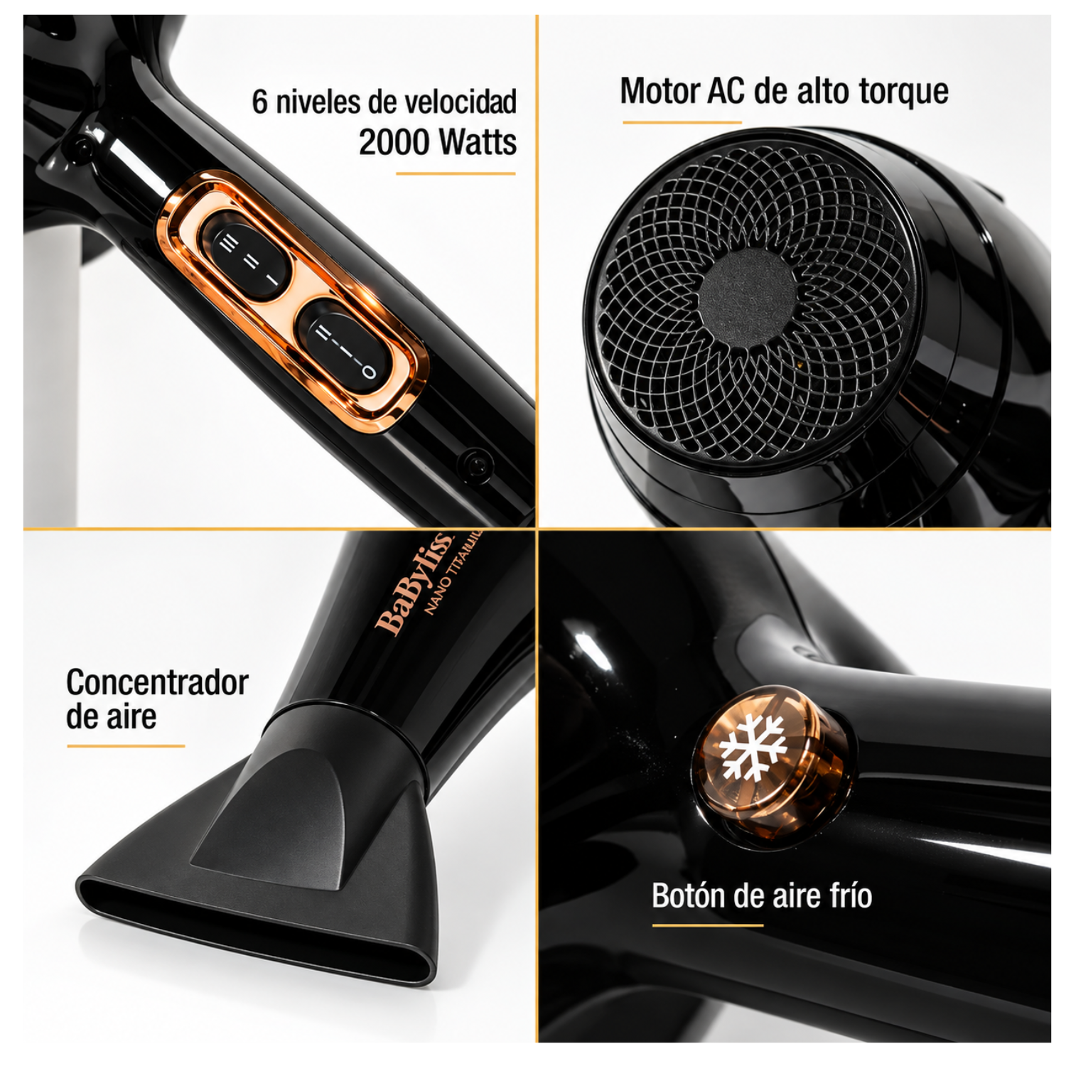 Secador de pelo BaBylissPRO Nano Titanium Gold Black B6176-2