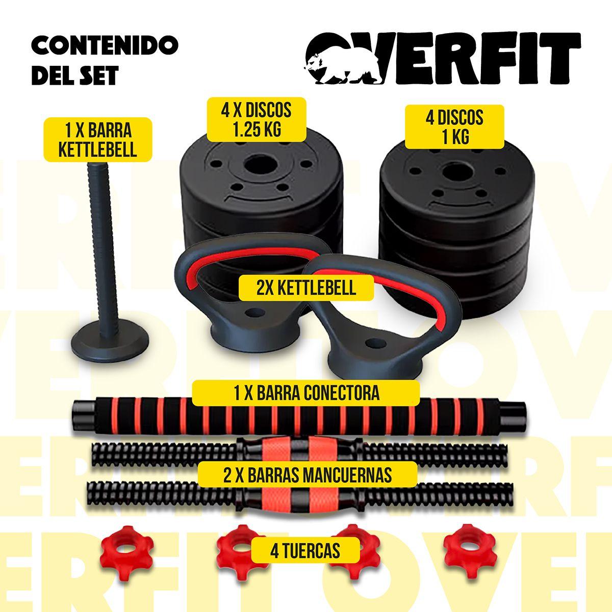 Set Mancuernas + Barra + Kettlebell Unibles Overfit 10kg-2