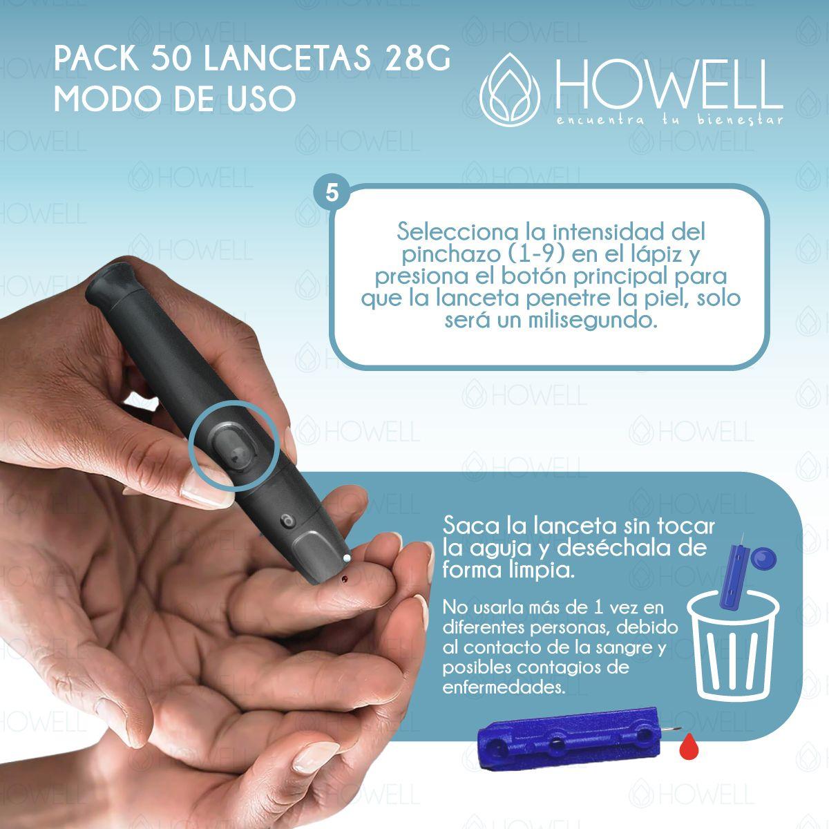 Pack 50 Lancetas Glucometro Howell 28g Ultrafinas Desechables Uso Individual Higiene Azul-6