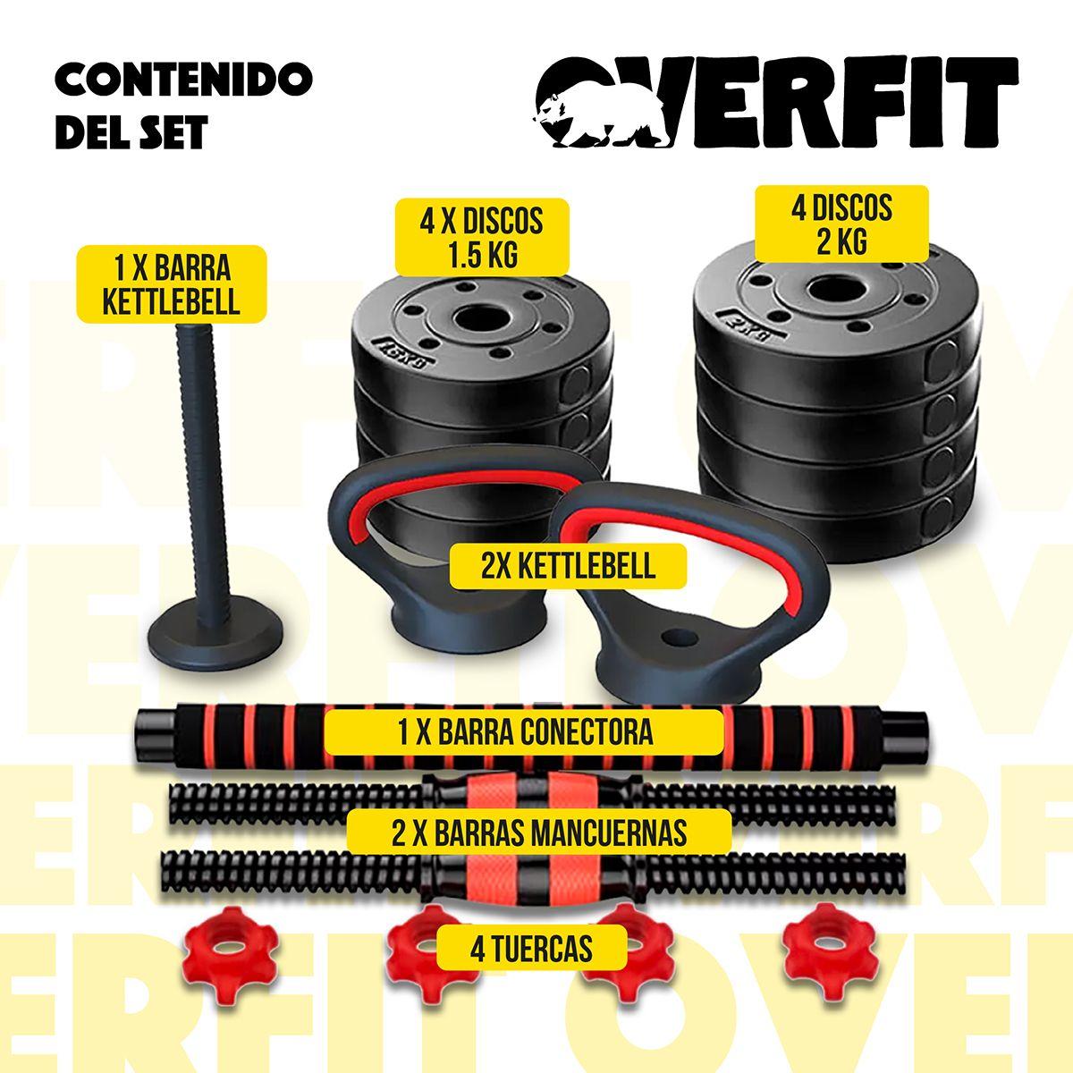 Set Mancuernas + Barra + Kettlebell Unibles Overfit 15kg-2