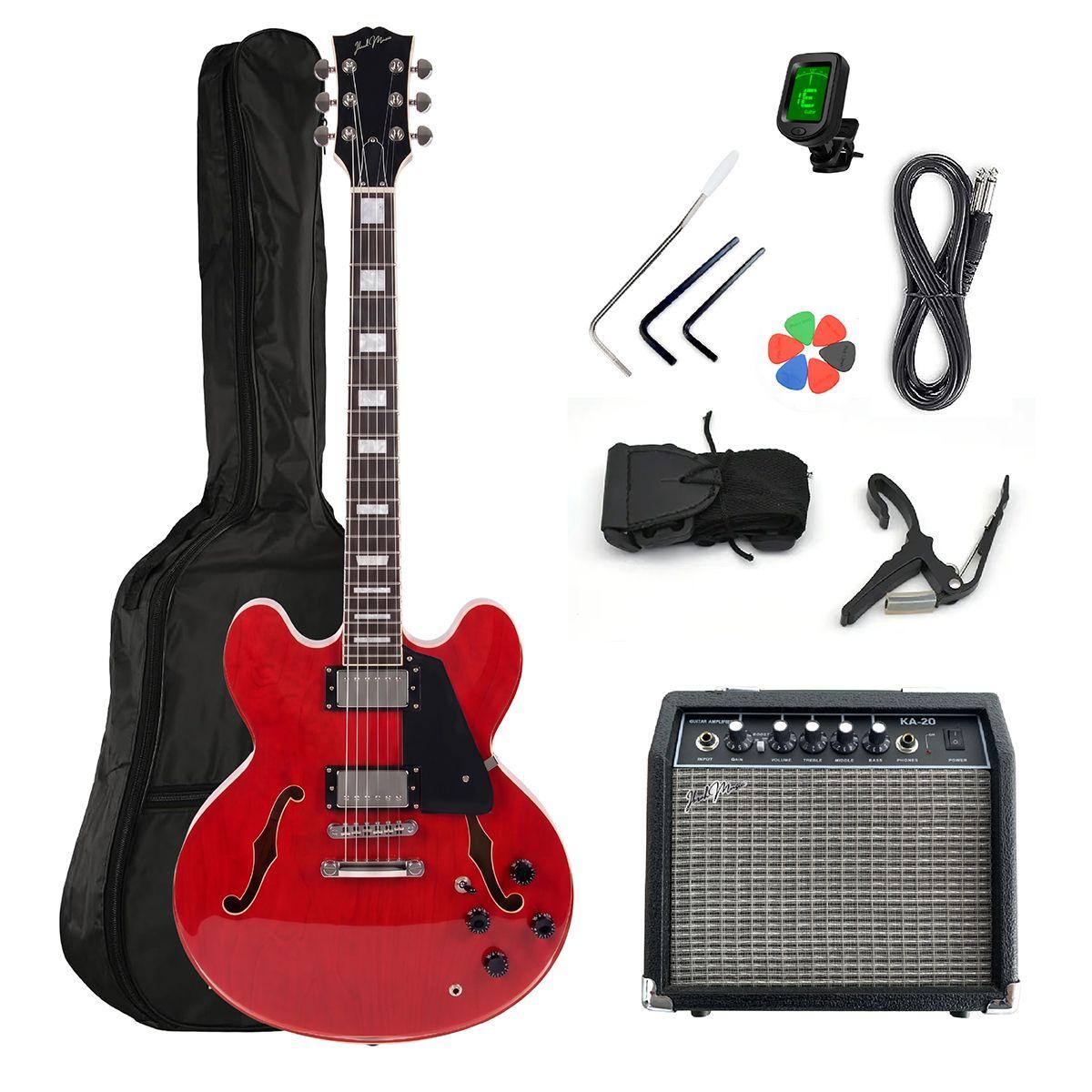 Guitarra Electrica Ibrah Music Semi-Hollow Roja + Amplificador 20W + Accesorios-1