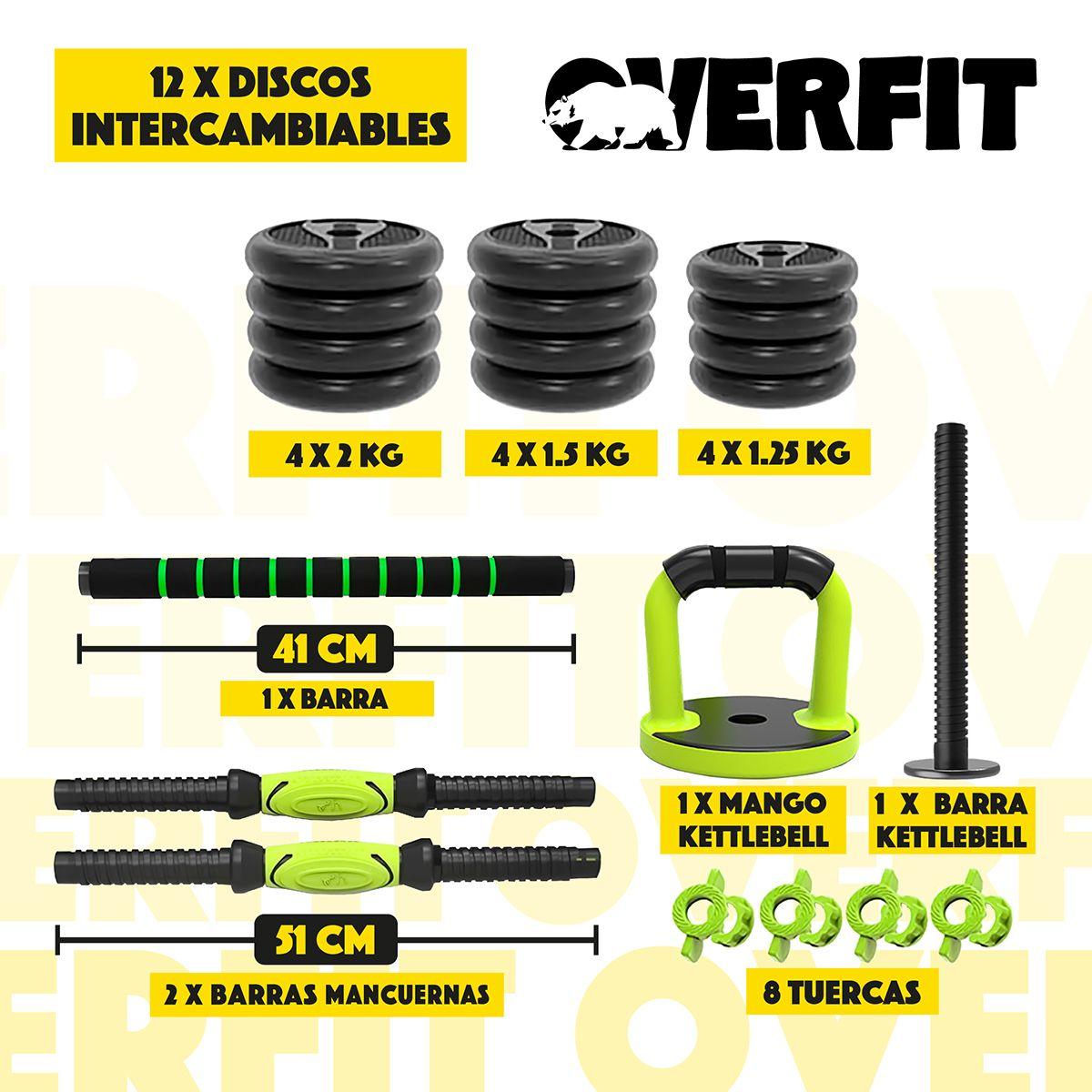 Set Mancuernas + Barra + Kettlebell Unibles Overfit 20kg-2