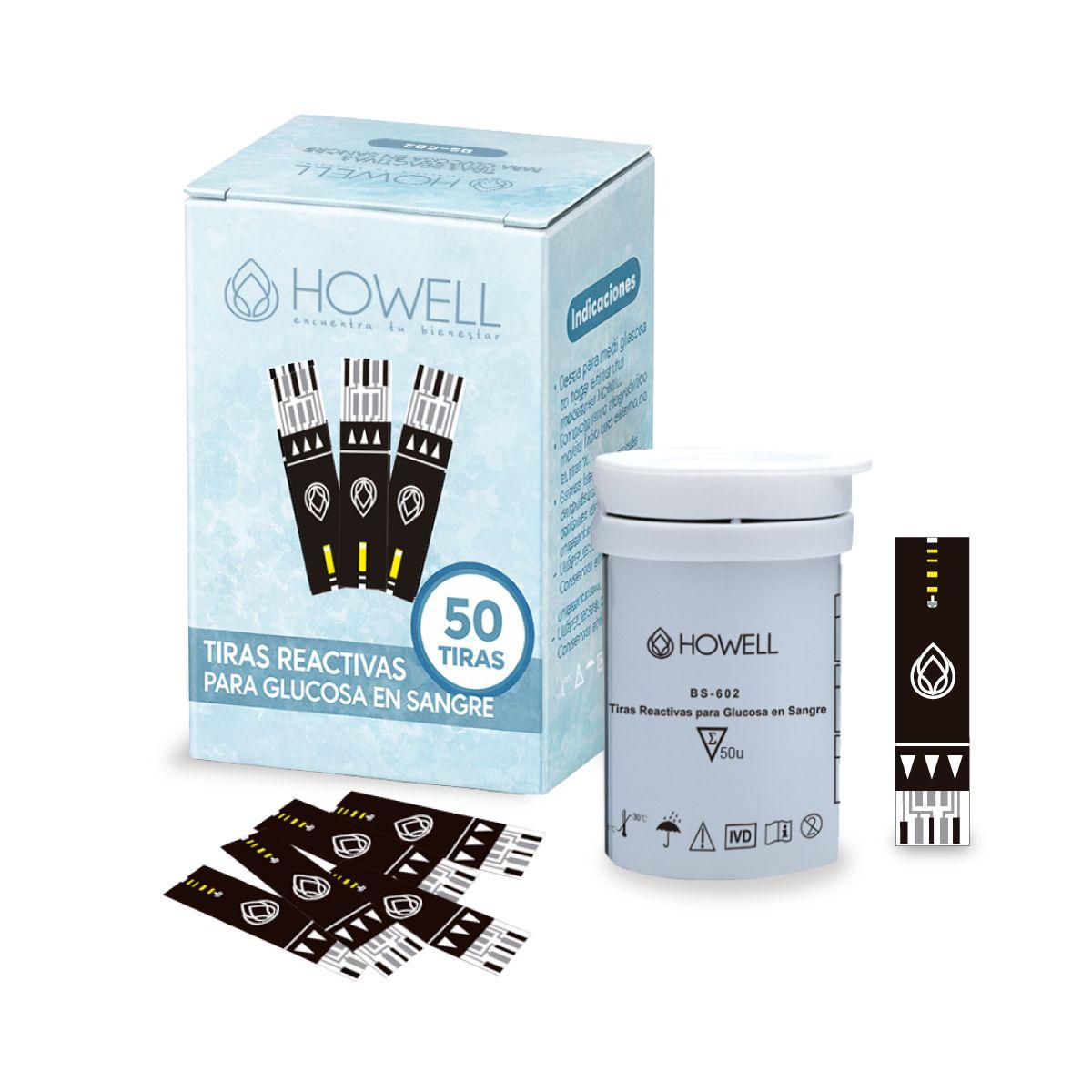 Pack 50 Tiras Reactivas Glucosa Howell Bs-602 Para Glucometro Bg-710b Frasco Hermetico Negro-0