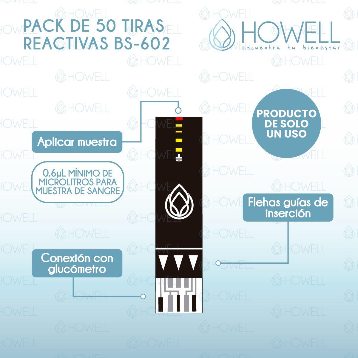 Pack 50 Tiras Reactivas Glucosa Howell Bs-602 Para Glucometro Bg-710b Frasco Hermetico Negro-1