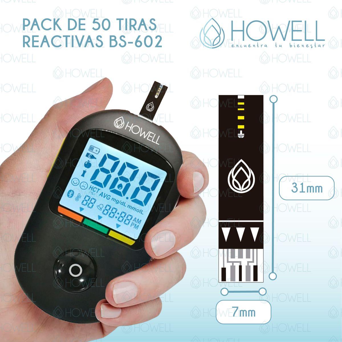 Pack 50 Tiras Reactivas Glucosa Howell Bs-602 Para Glucometro Bg-710b Frasco Hermetico Negro-2