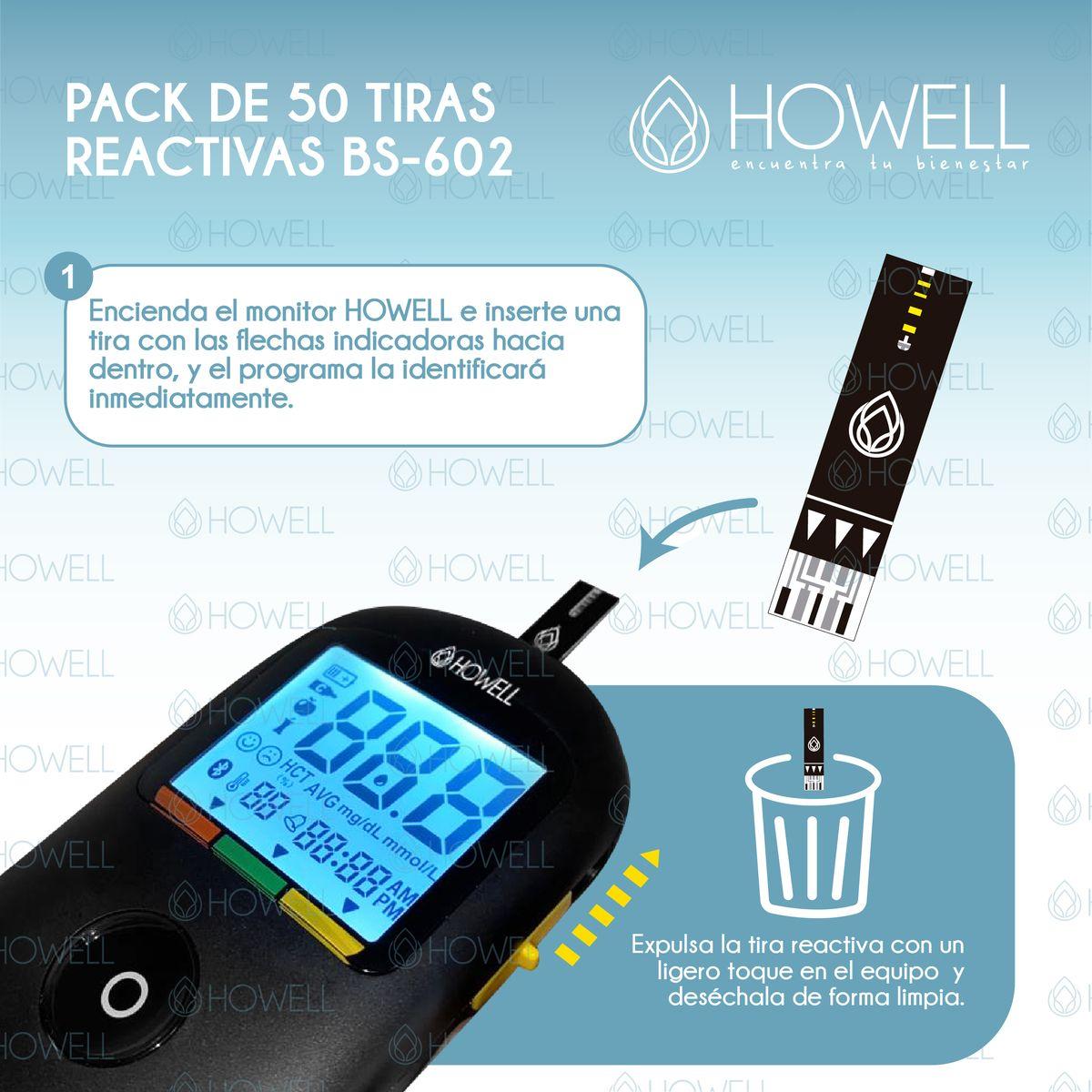Pack 50 Tiras Reactivas Glucosa Howell Bs-602 Para Glucometro Bg-710b Frasco Hermetico Negro-3
