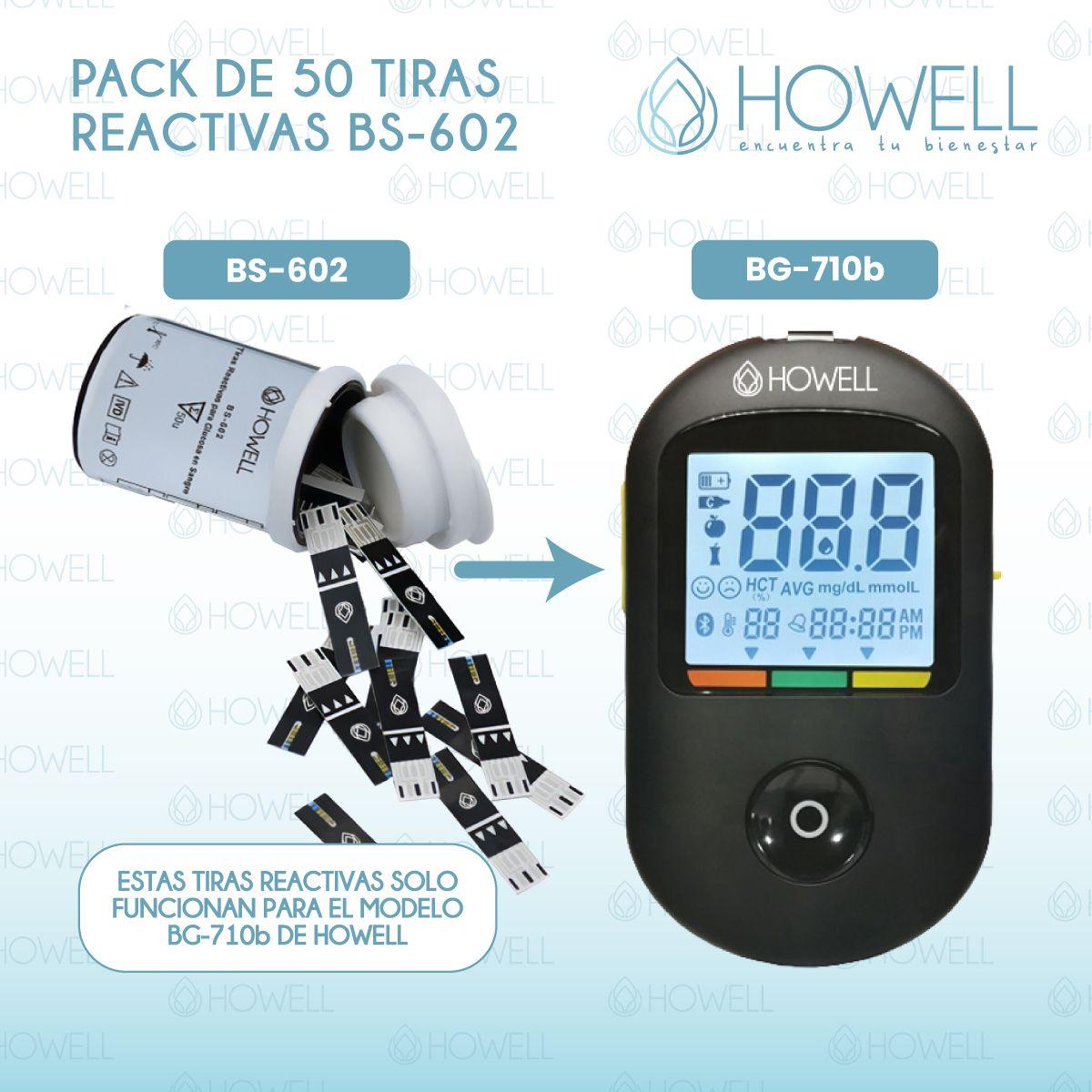 Pack 50 Tiras Reactivas Glucosa Howell Bs-602 Para Glucometro Bg-710b Frasco Hermetico Negro-5