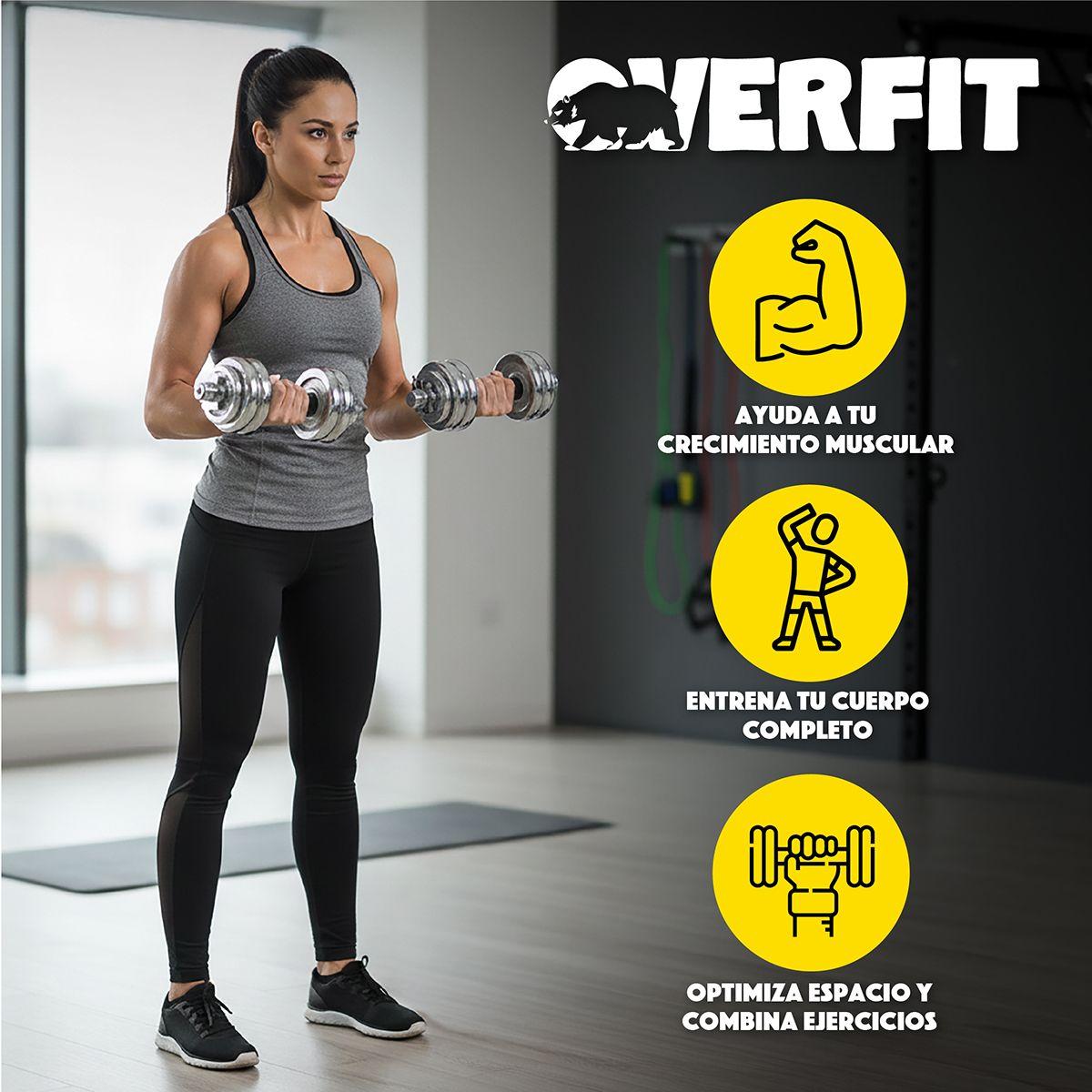 Mancuernas Cromadas 30kg Ajustables + Barra Unibles Overfit-2